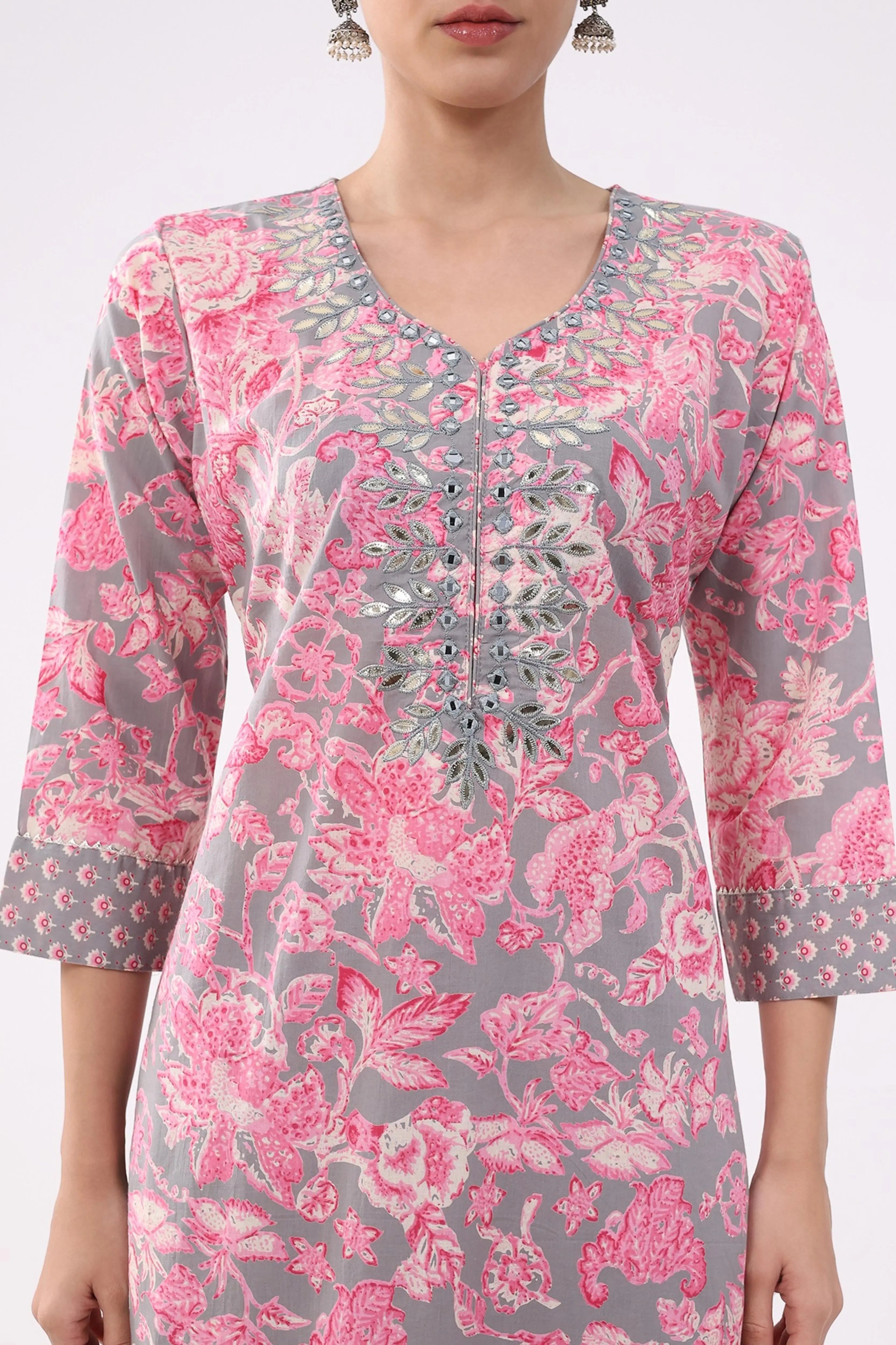 Pink & Grey Floral Cotton Suit Set - Global Republic