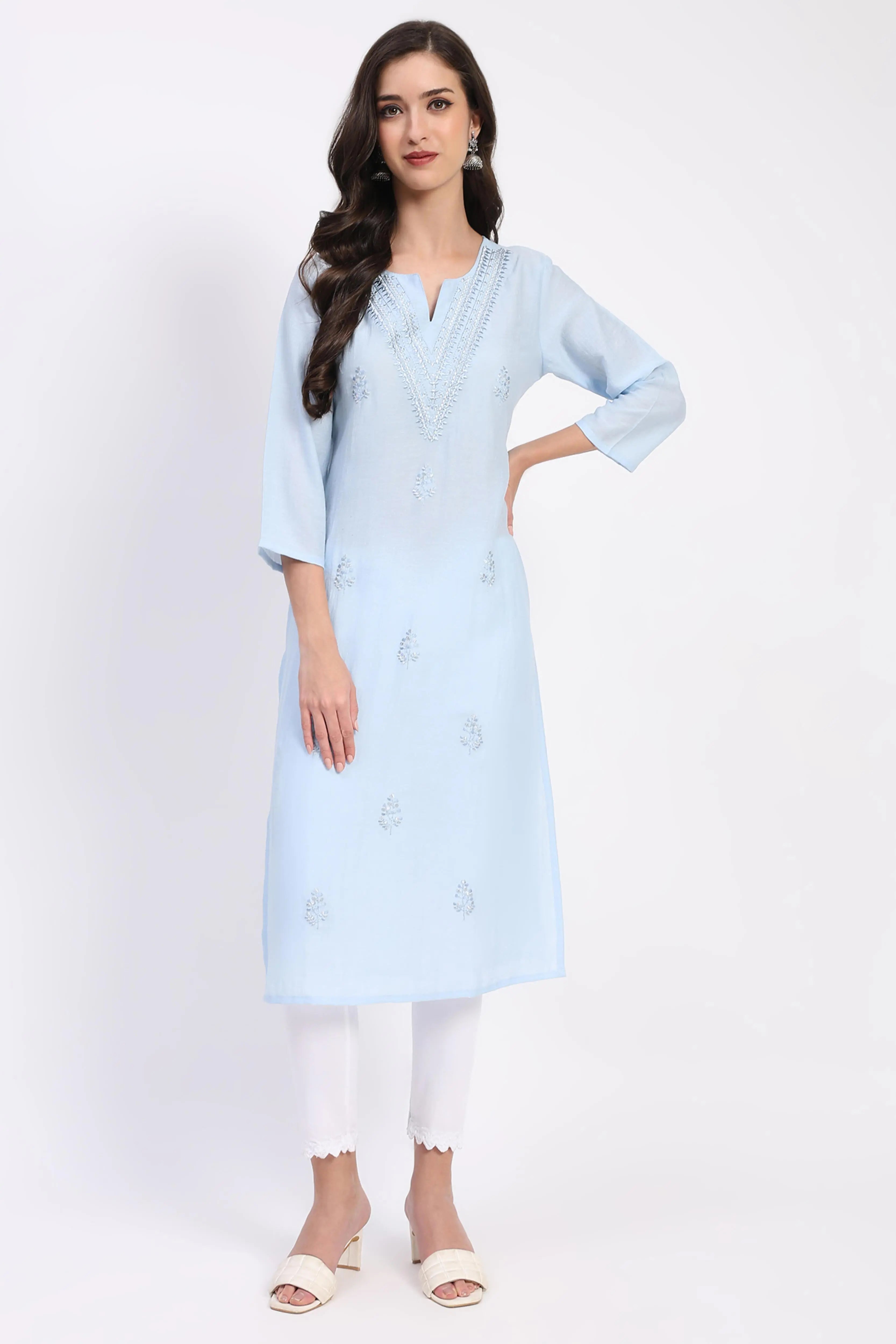 Powder Blue Linen Blend Embroidered Kurta - Global Republic