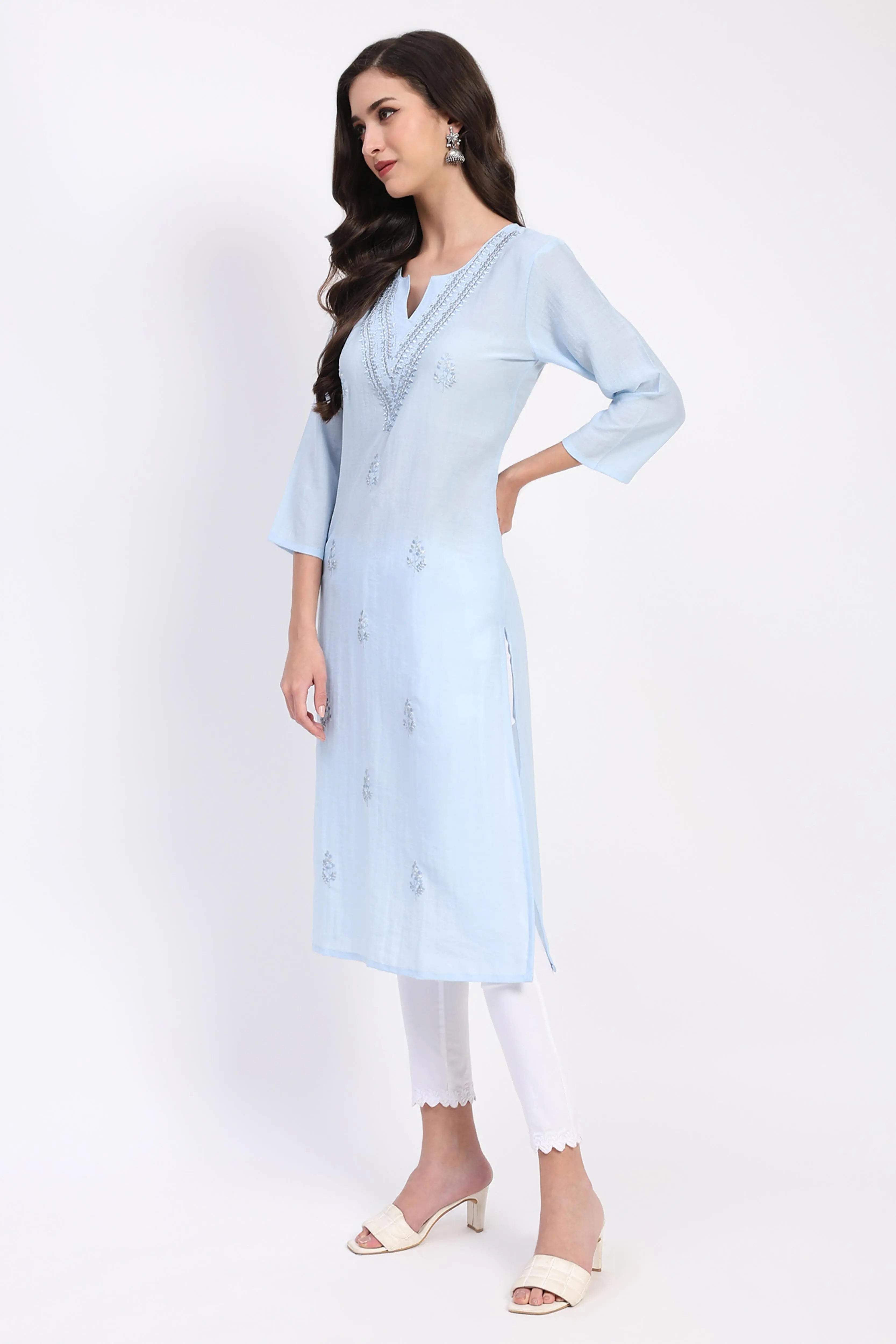 Powder Blue Linen Blend Embroidered Kurta - Global Republic