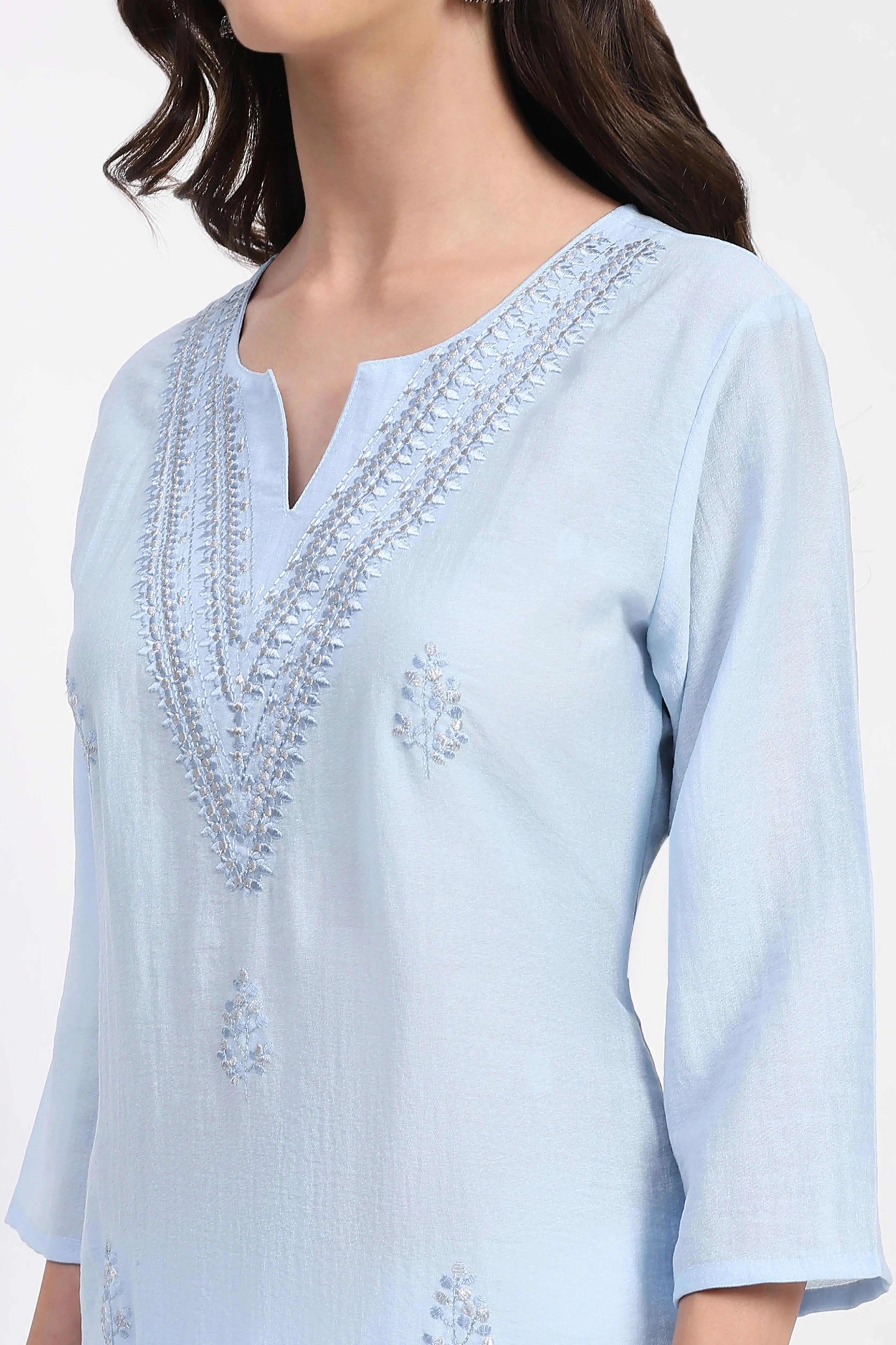 Powder Blue Linen Blend Embroidered Kurta - Global Republic