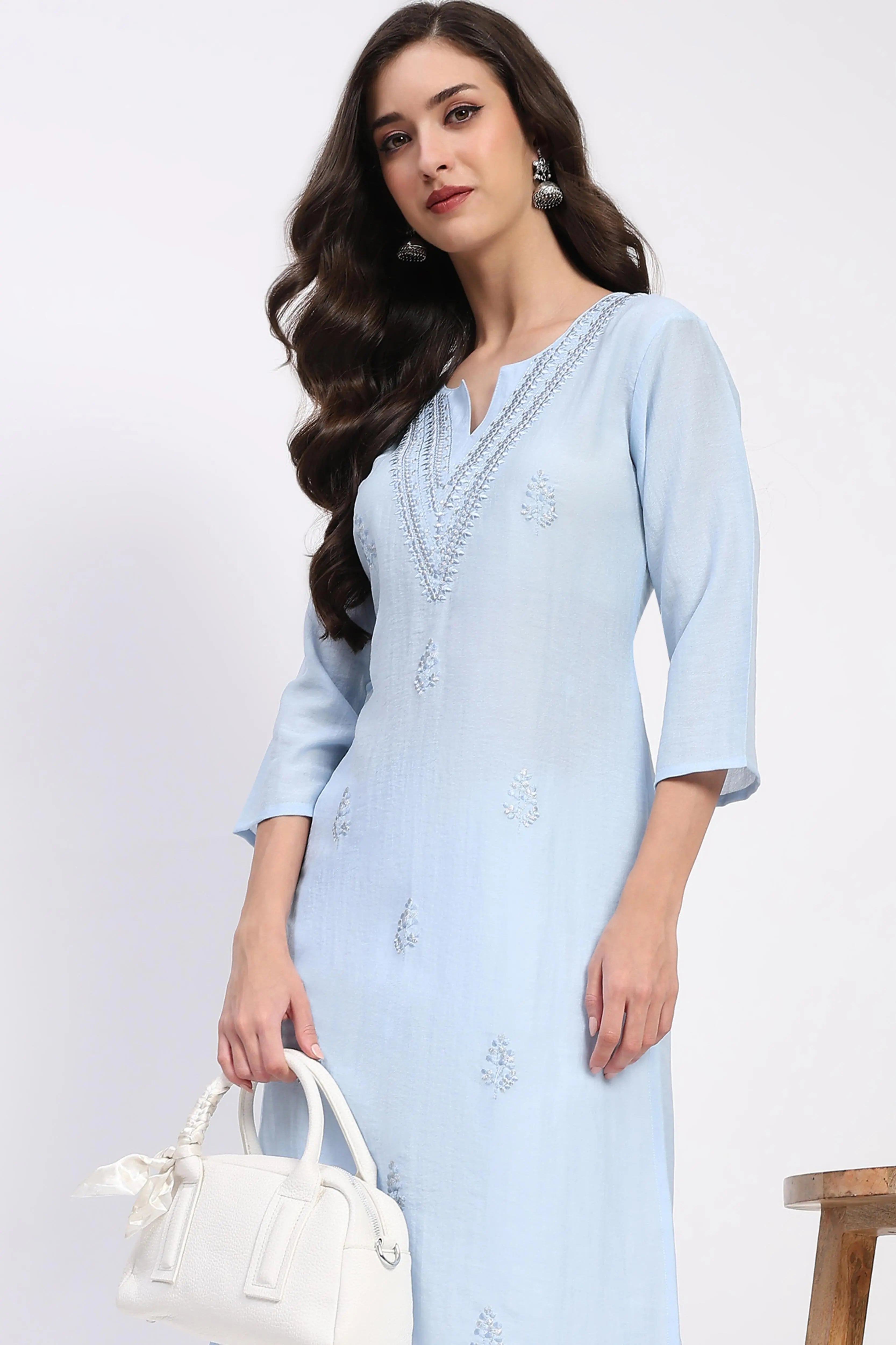 Powder Blue Linen Blend Embroidered Kurta - Global Republic