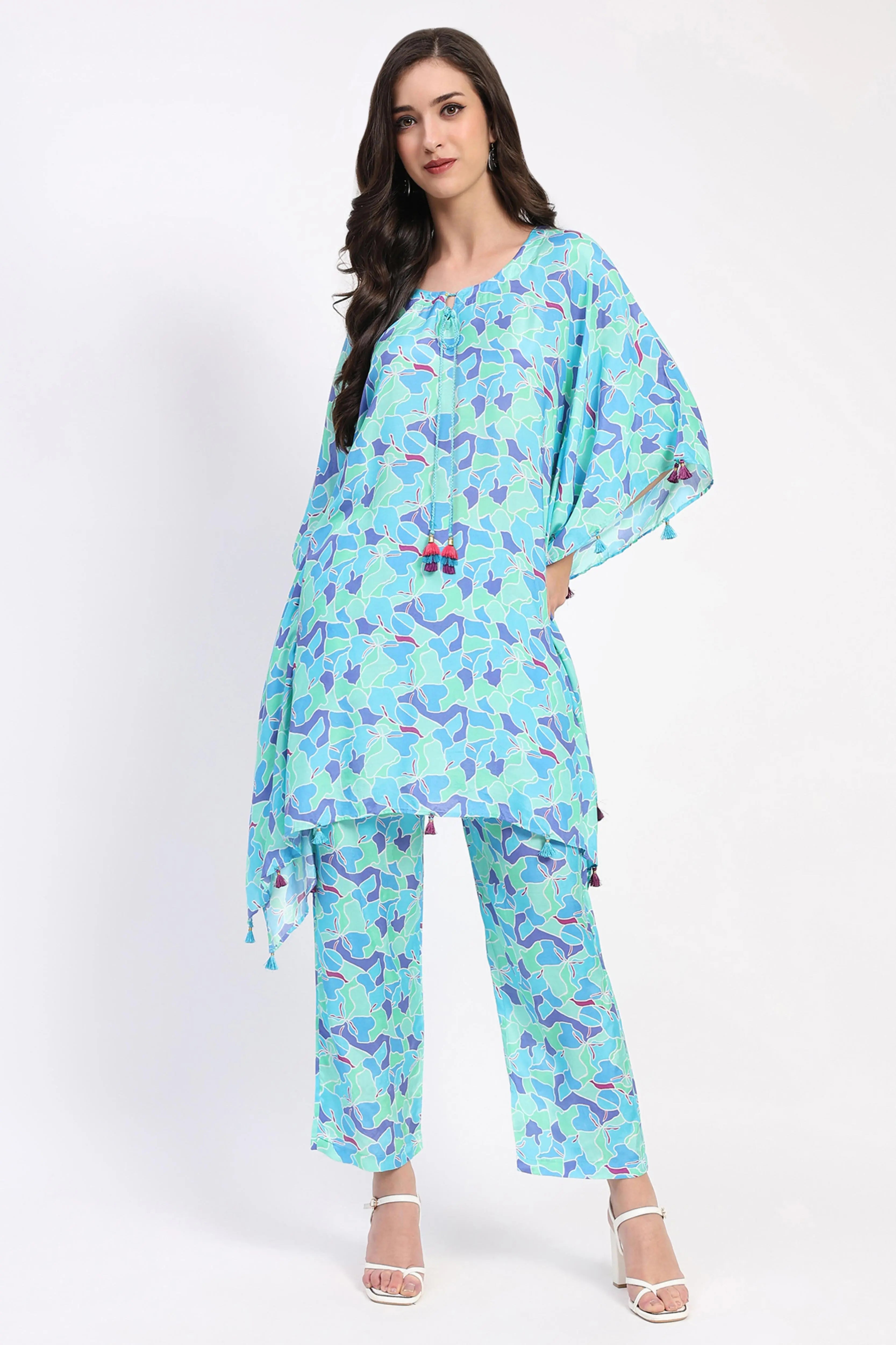 Blue Crepe Abstract Kaftan Set - Global Republic