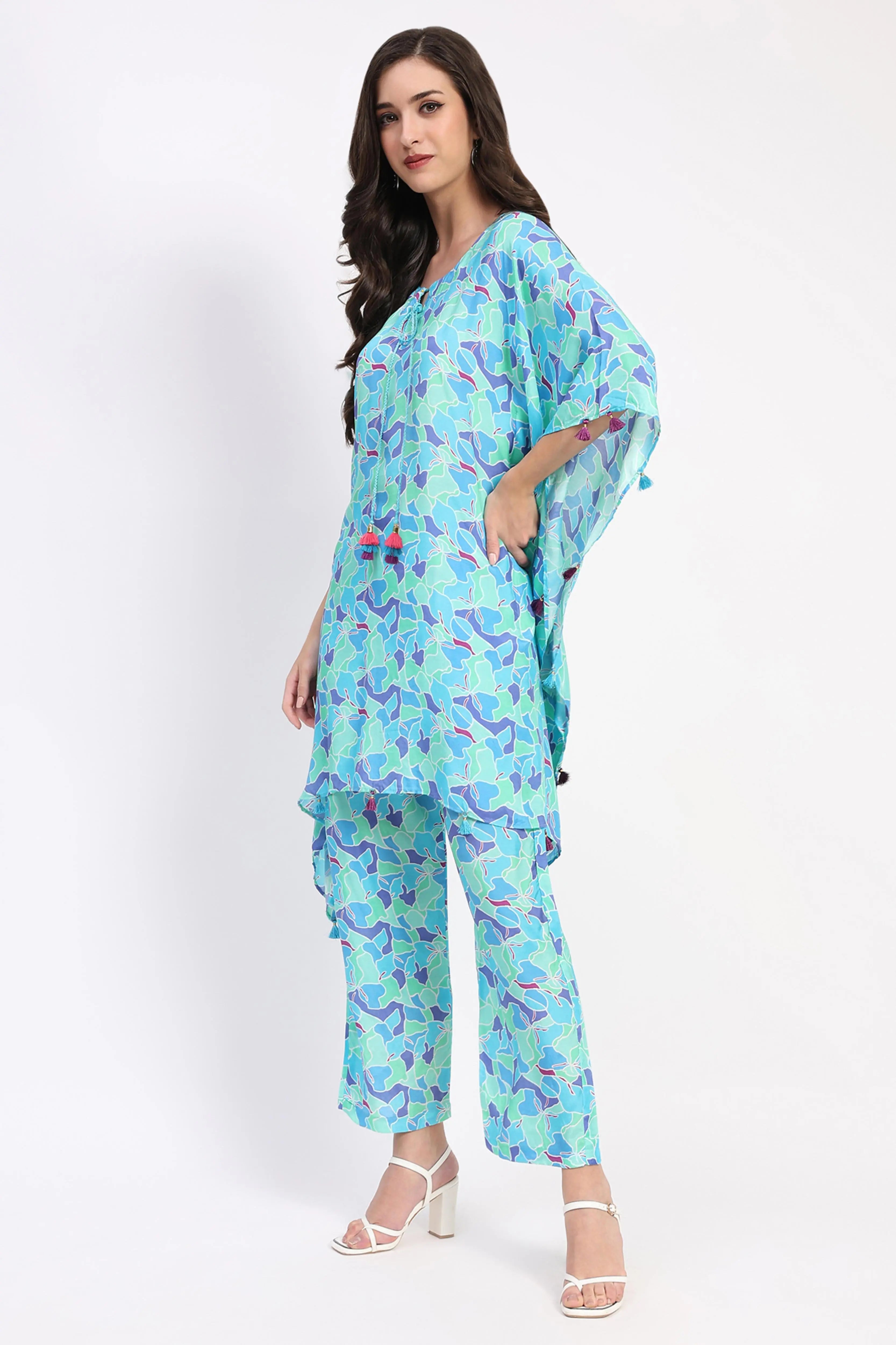 Blue Crepe Abstract Kaftan Set - Global Republic
