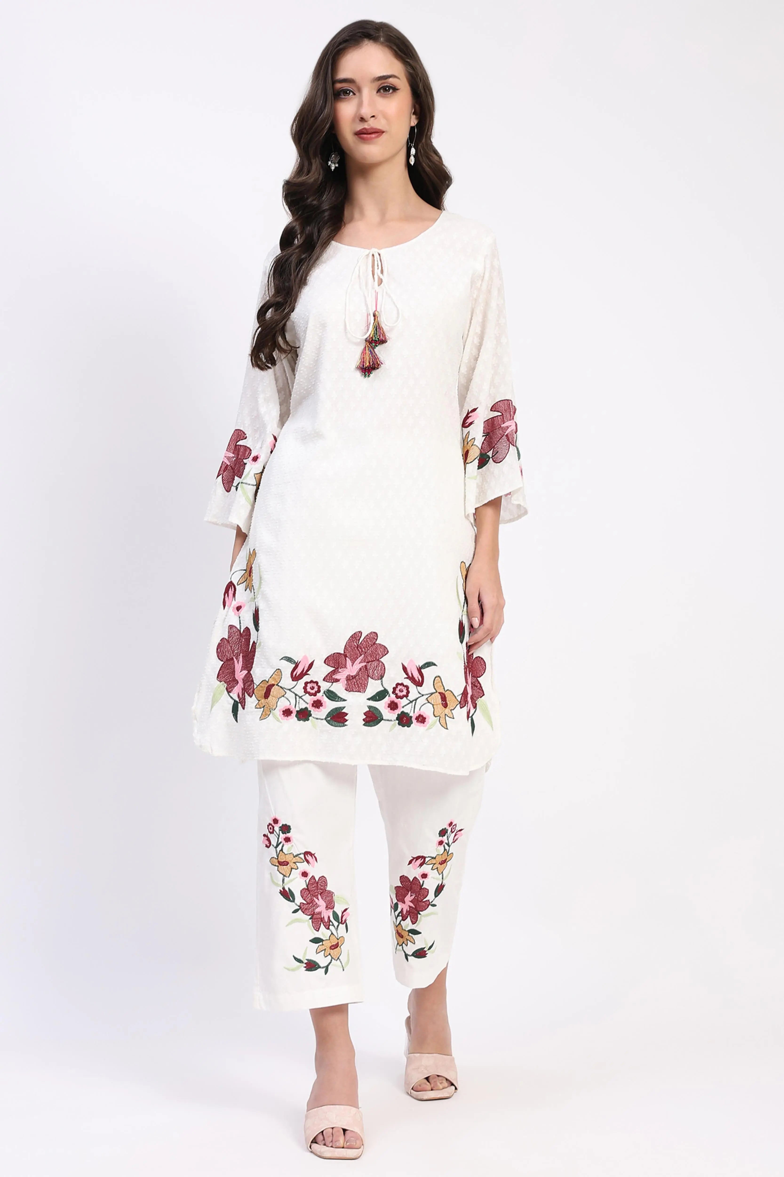 White Embroidered Cotton Dobby Kurta Set - Global Republic