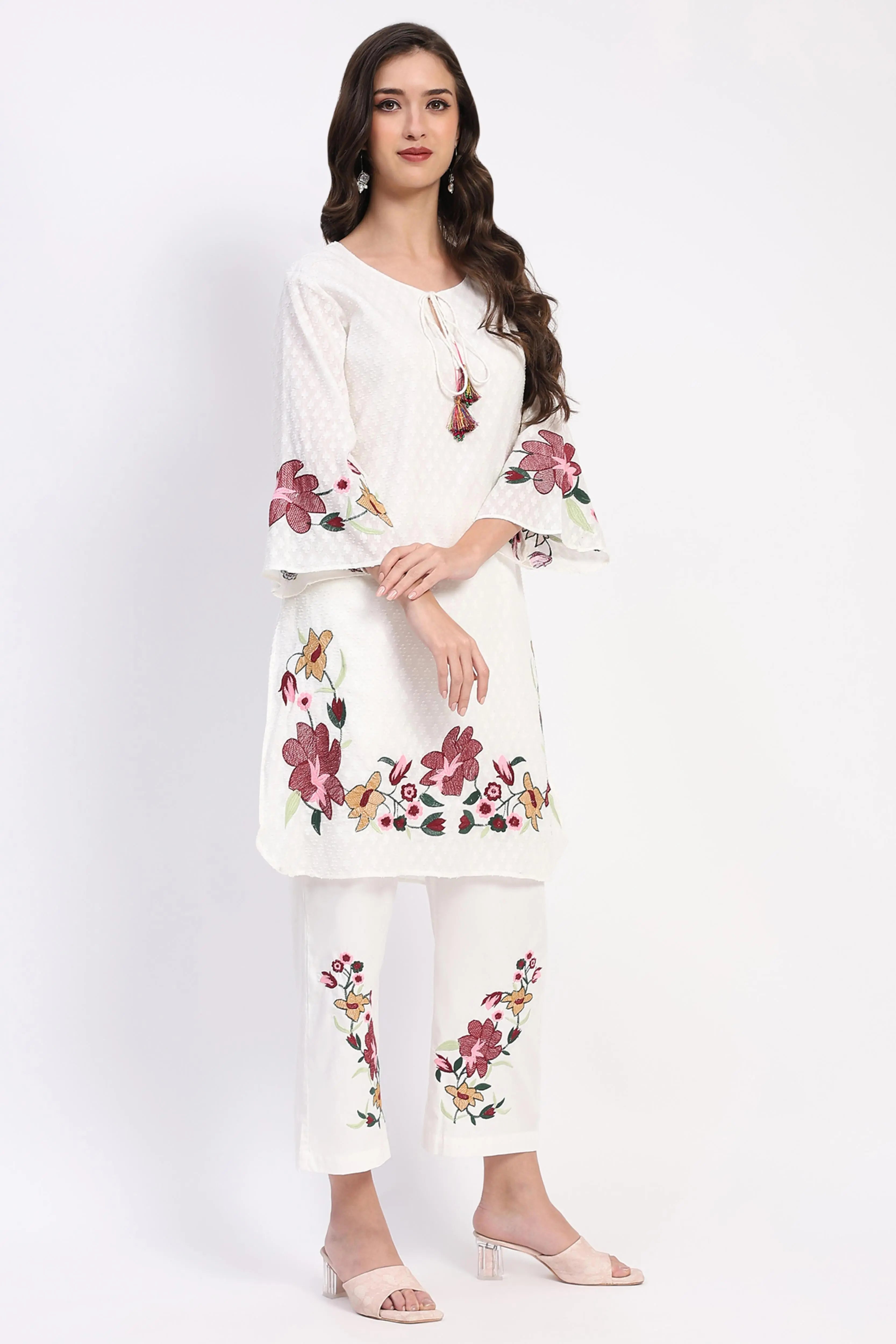 White Embroidered Cotton Dobby Kurta Set - Global Republic