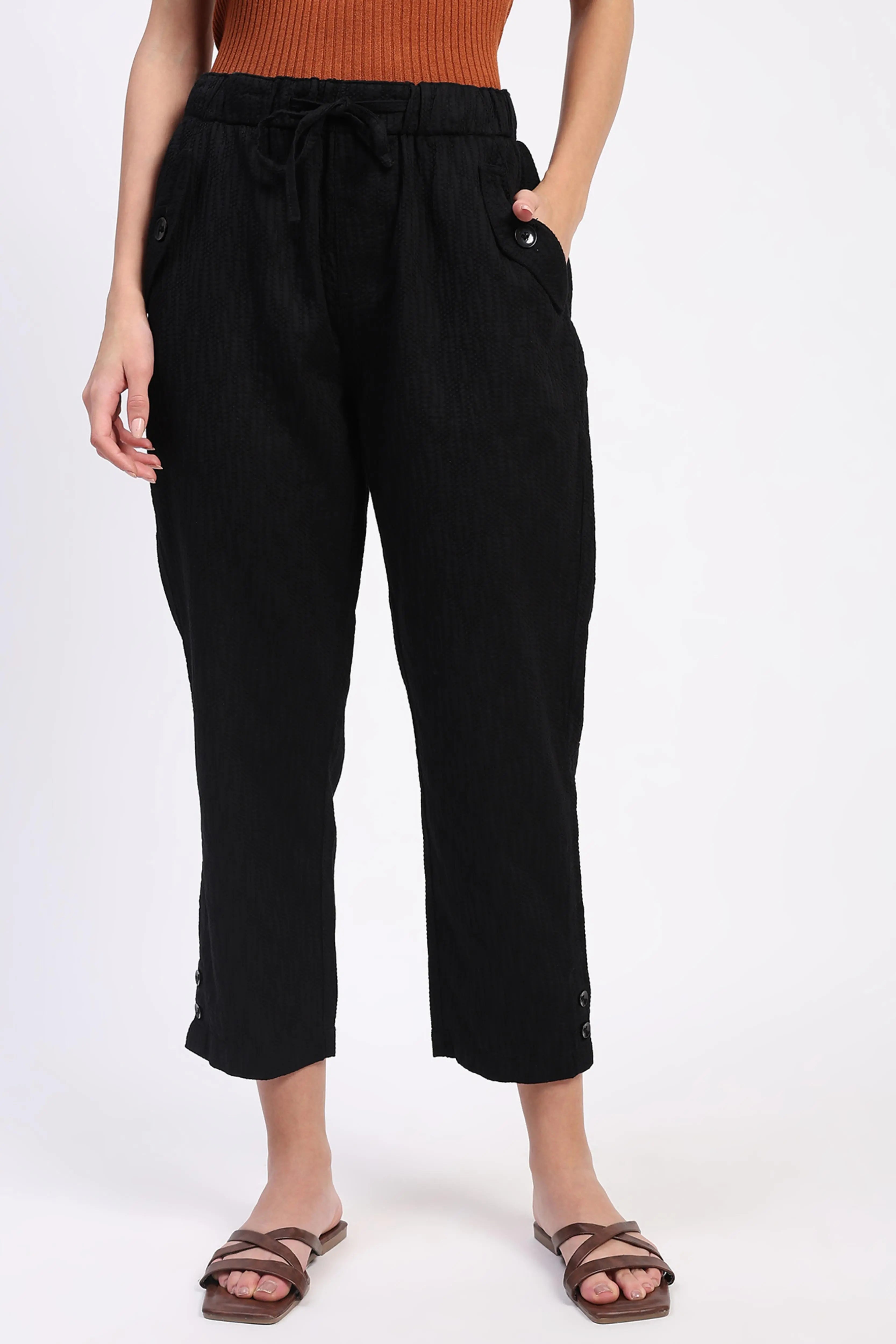 Black Embroidered Cotton Ankle Lower - Global Republic