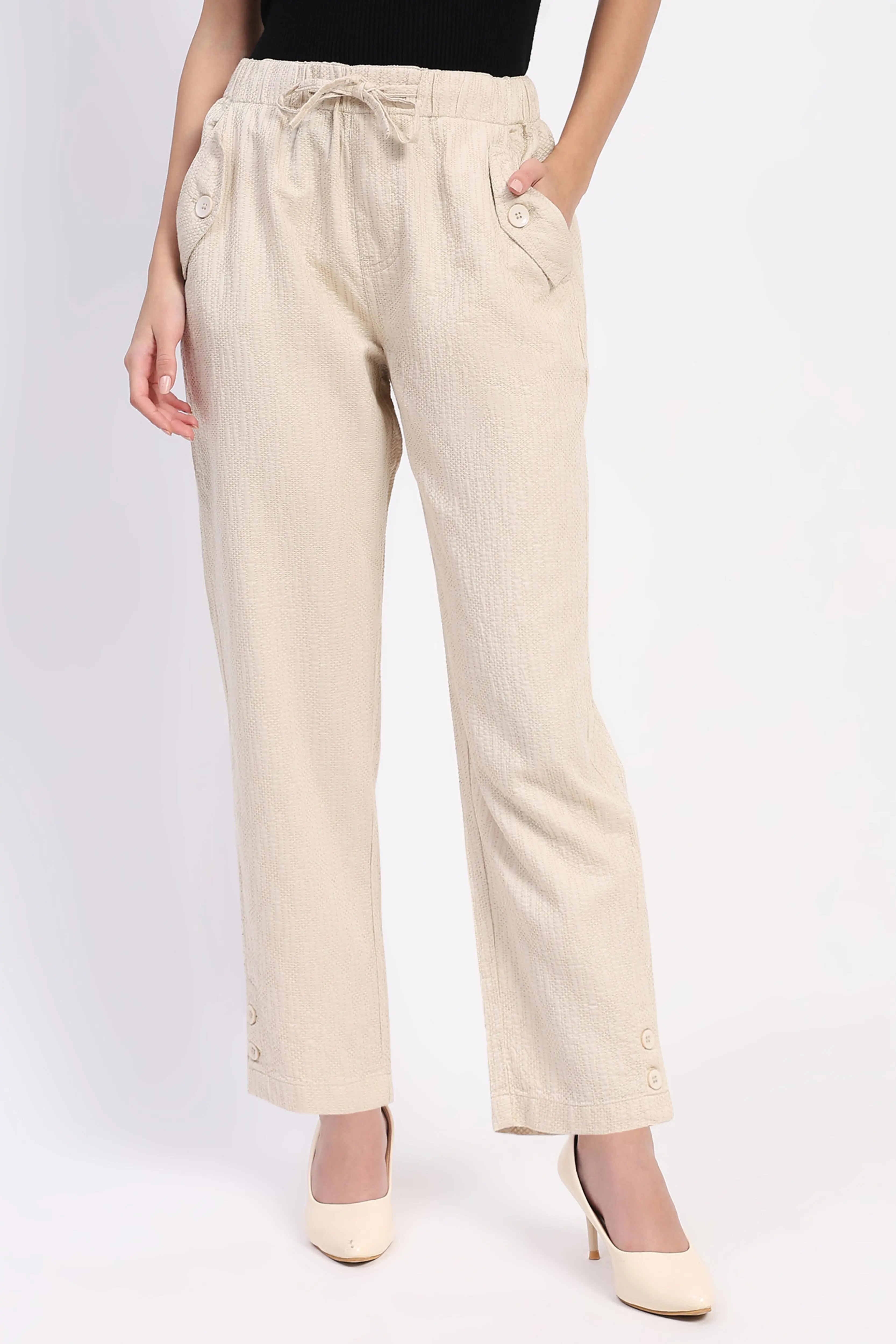 Beige Embroidered Cotton Ankle Lower - Global Republic