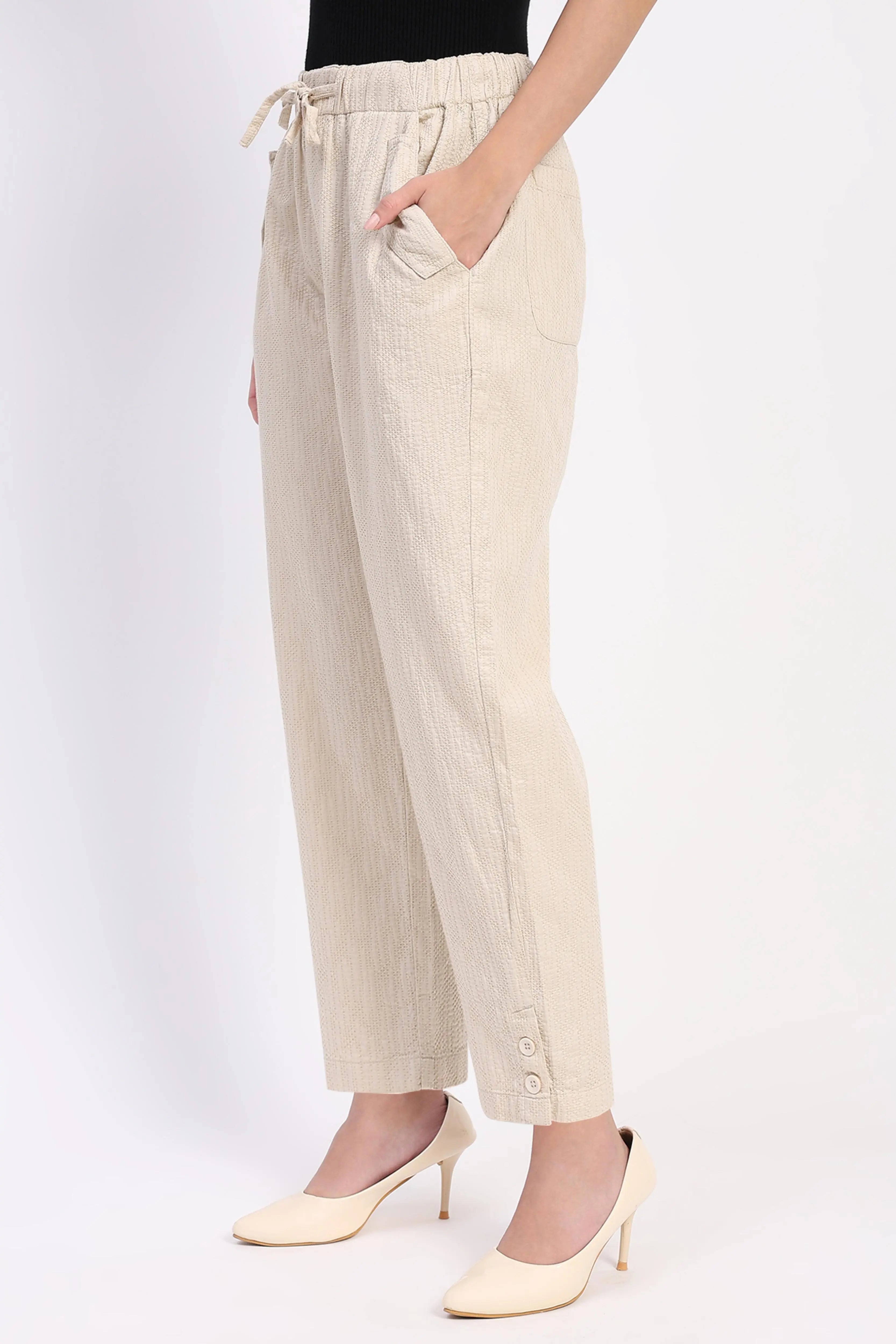 Beige Embroidered Cotton Ankle Lower - Global Republic