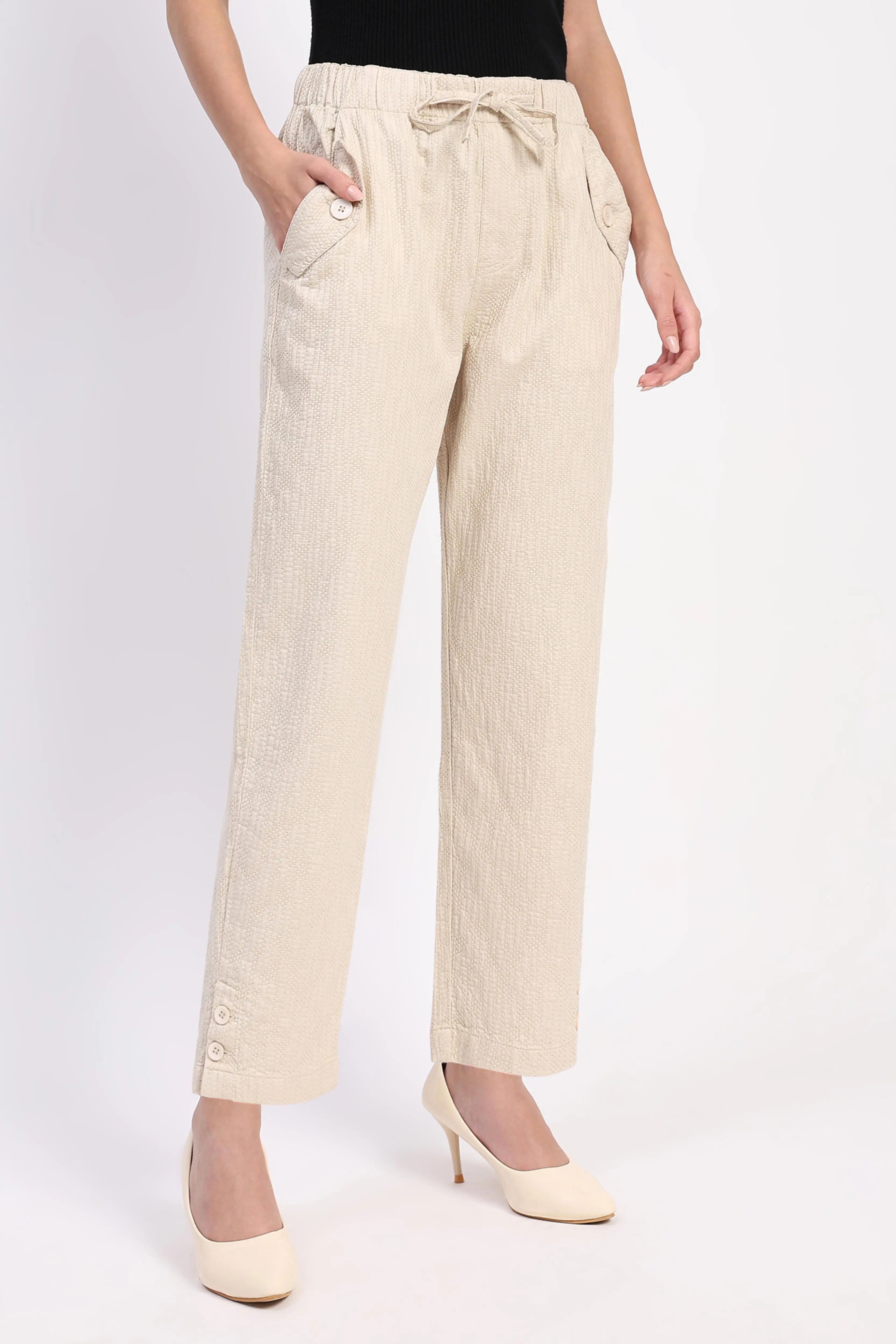 Beige Embroidered Cotton Ankle Lower - Global Republic