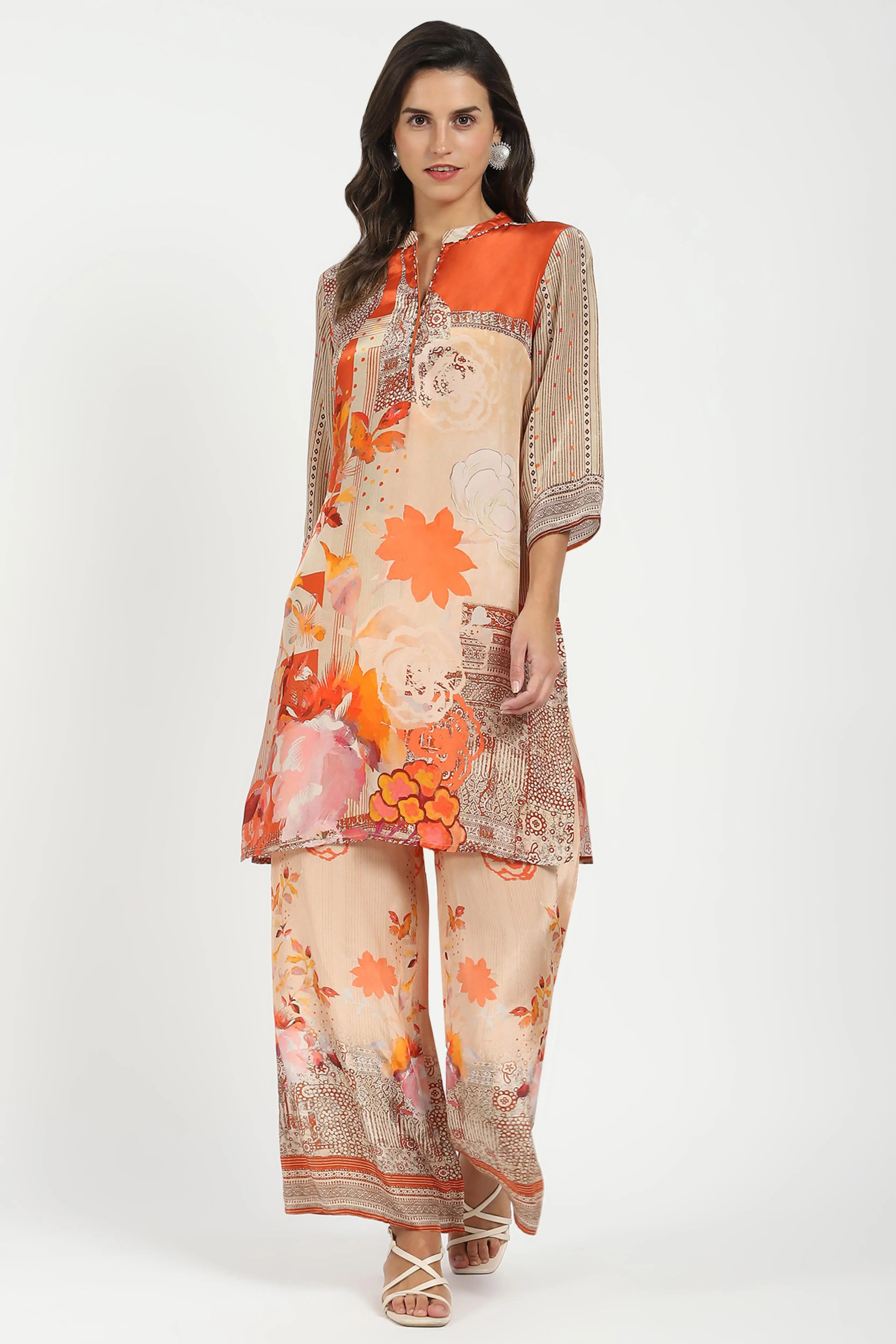 Orange Abstract Crepe Kurta Set - Global Republic