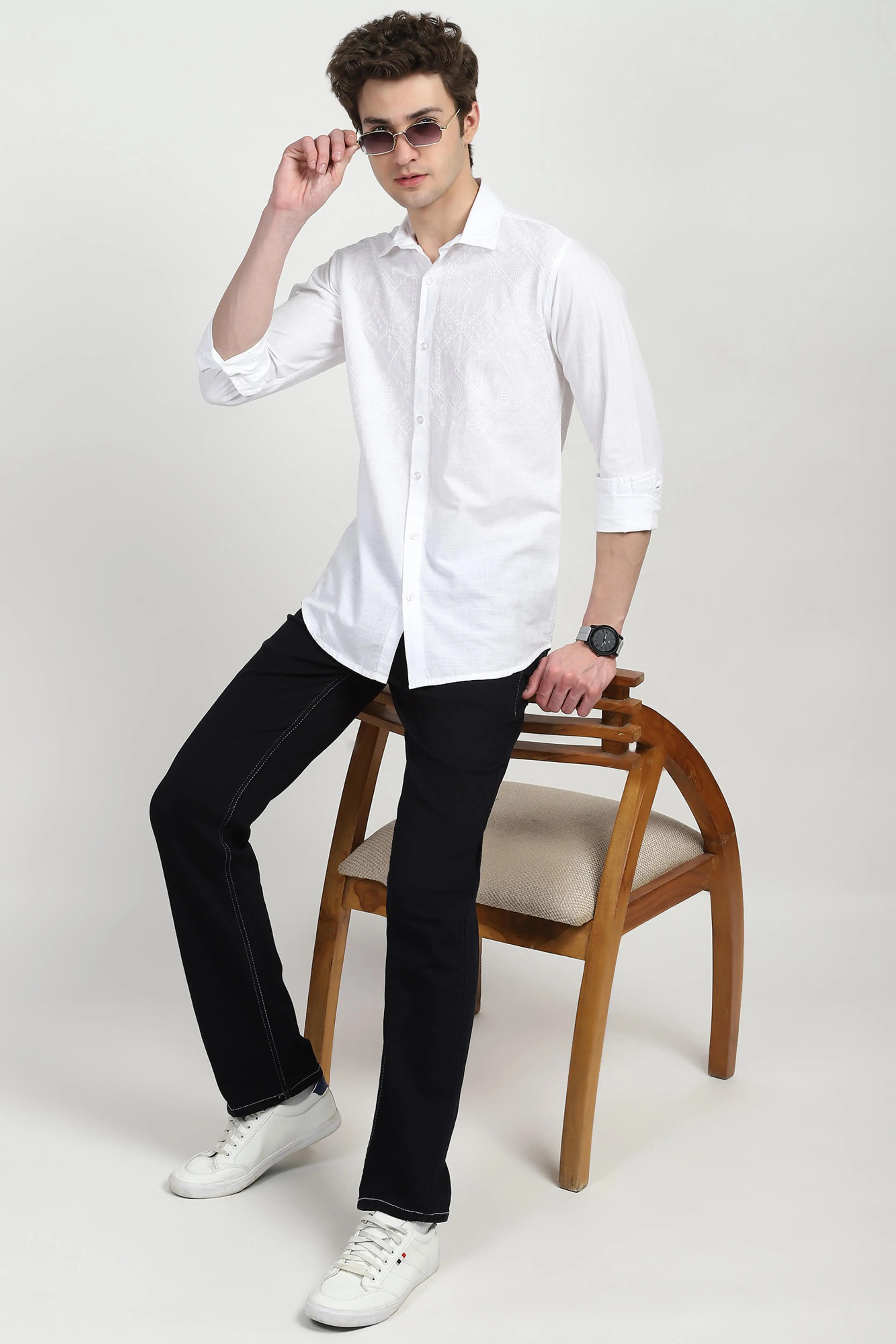 White Cotton Embroidered Shirt - Global Republic