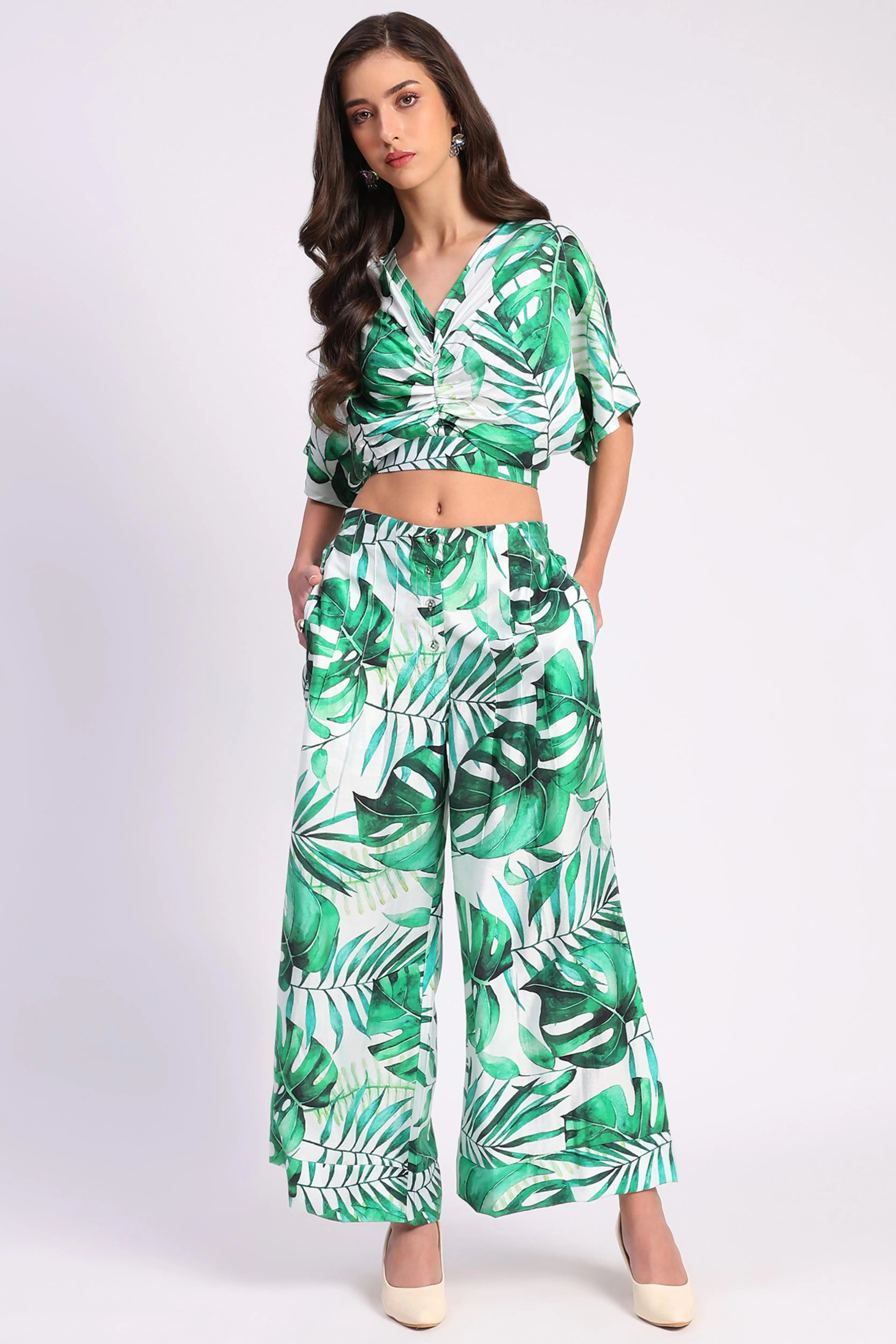 Tropical Crop Top & Wide-Leg Pant Set - Global Republic