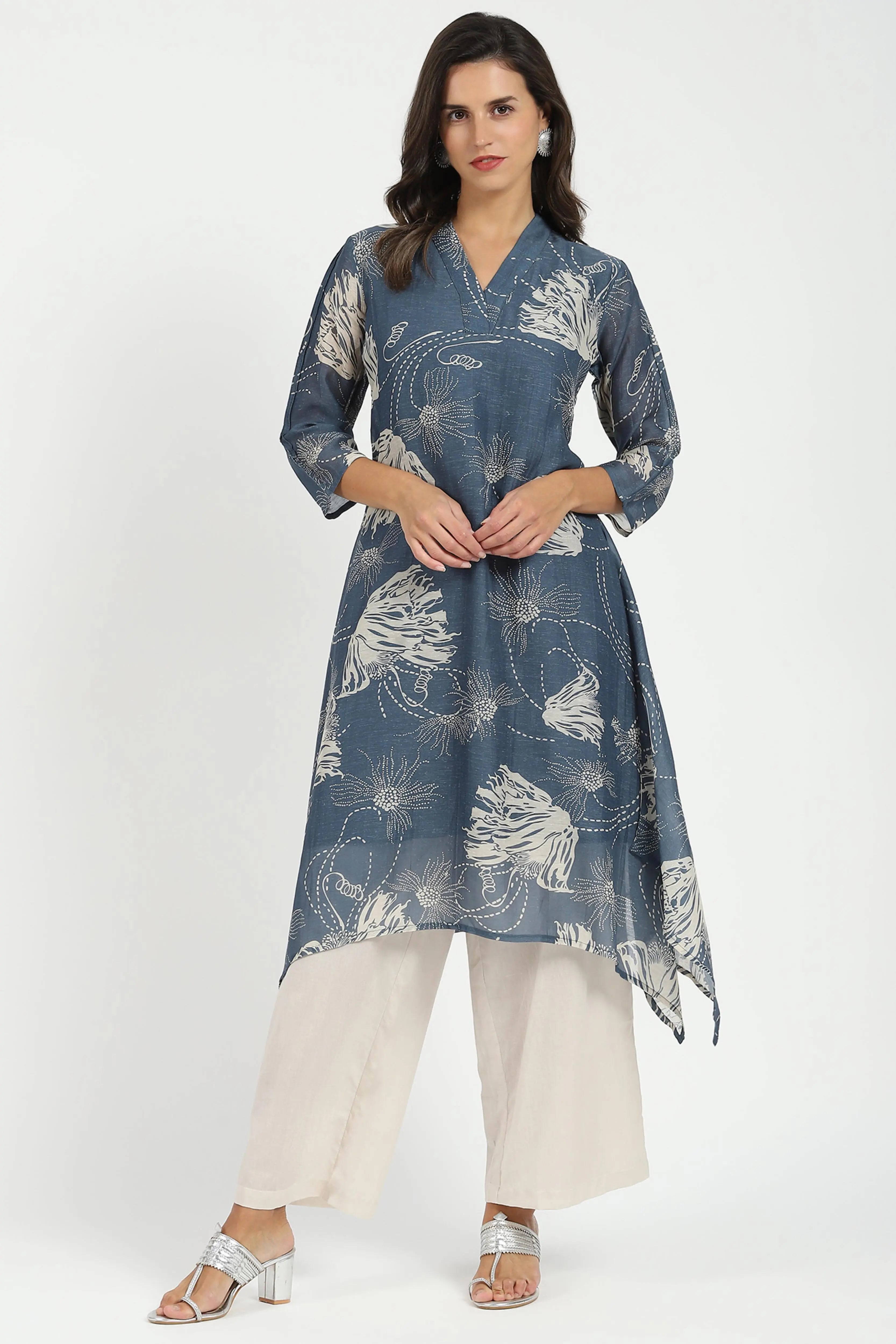 Grey Printed A-Line Kurta Set - Global Republic