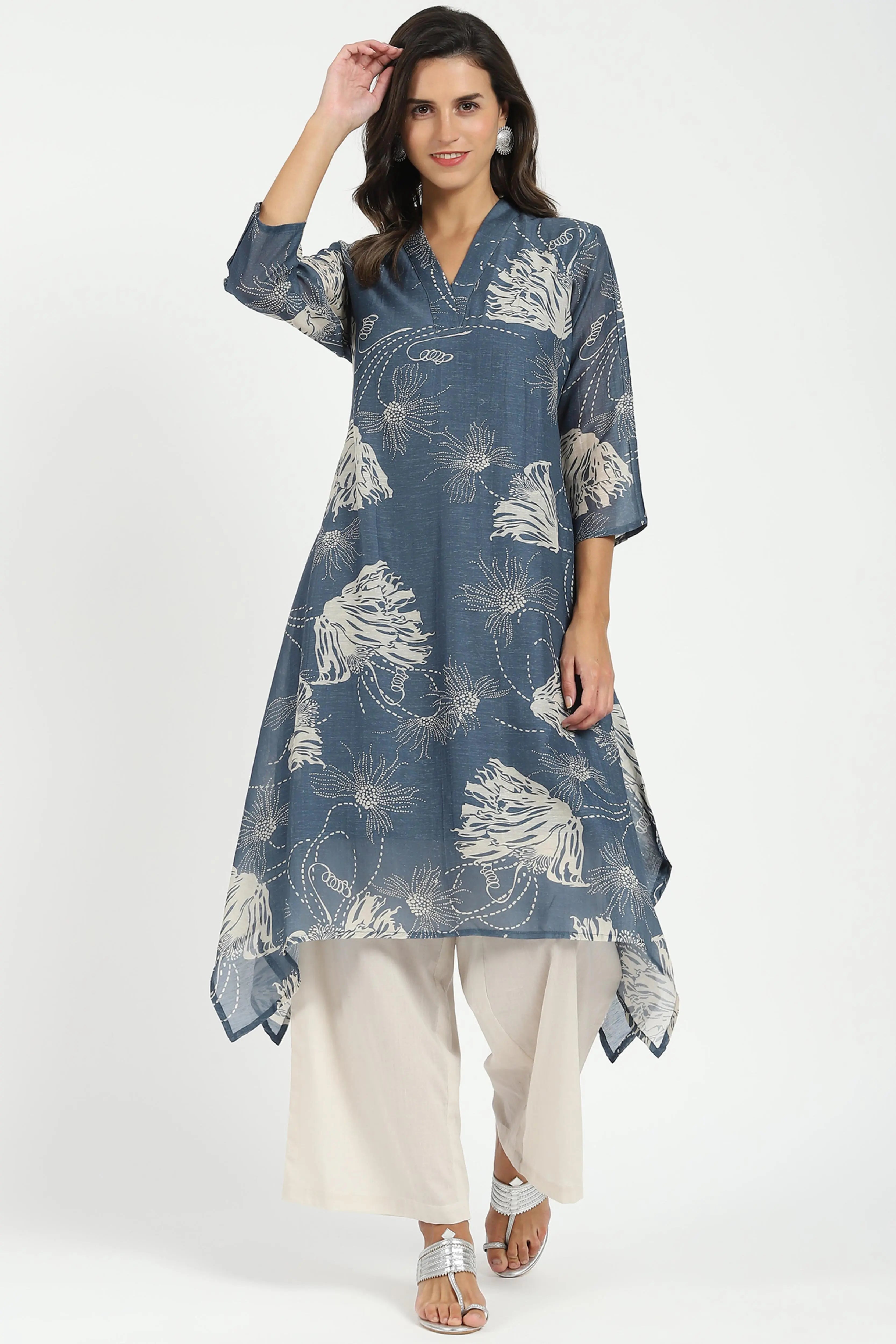 Grey Printed A-Line Kurta Set - Global Republic