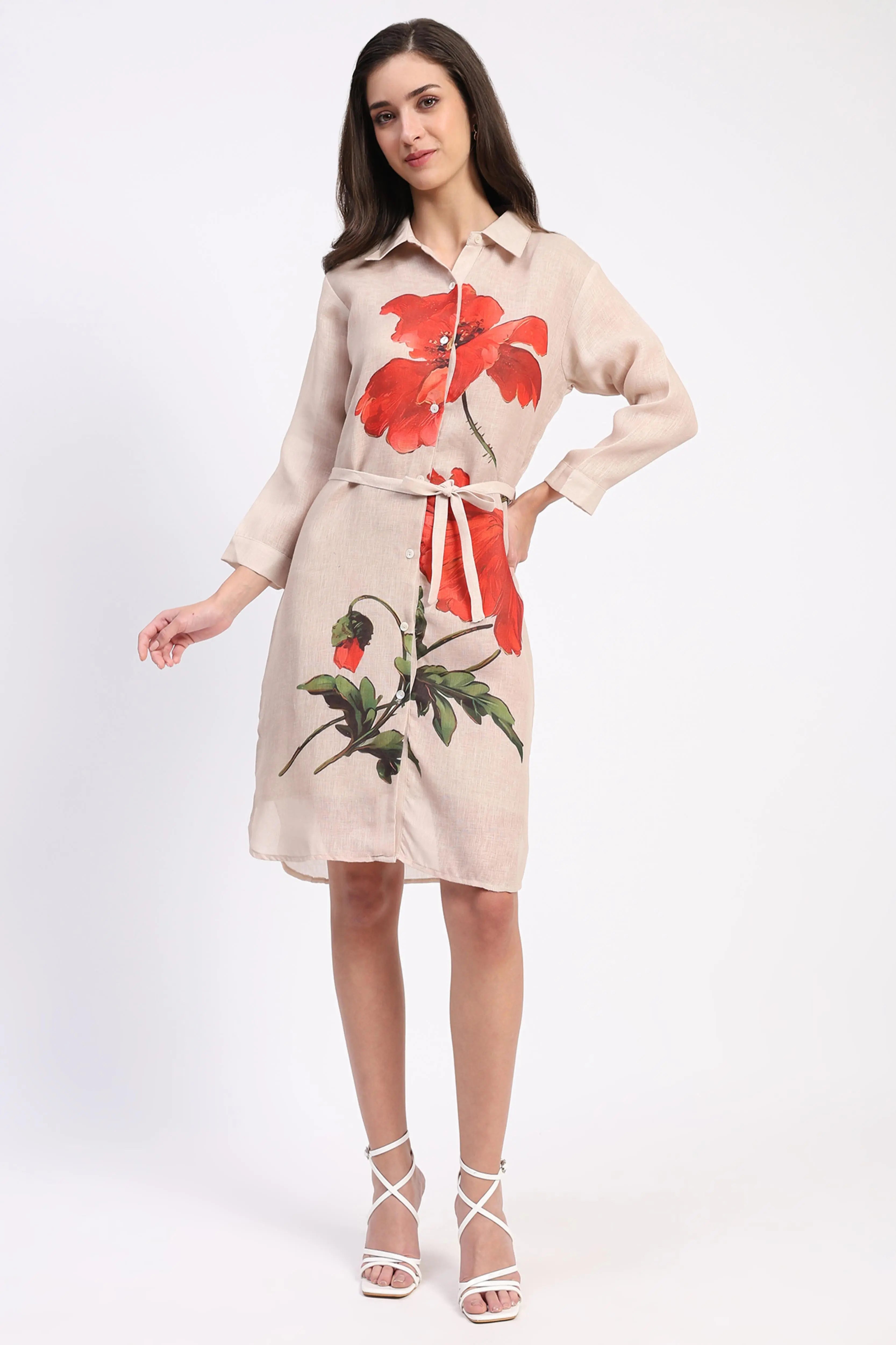 Beige Floral  Linen Dress - Global Republic