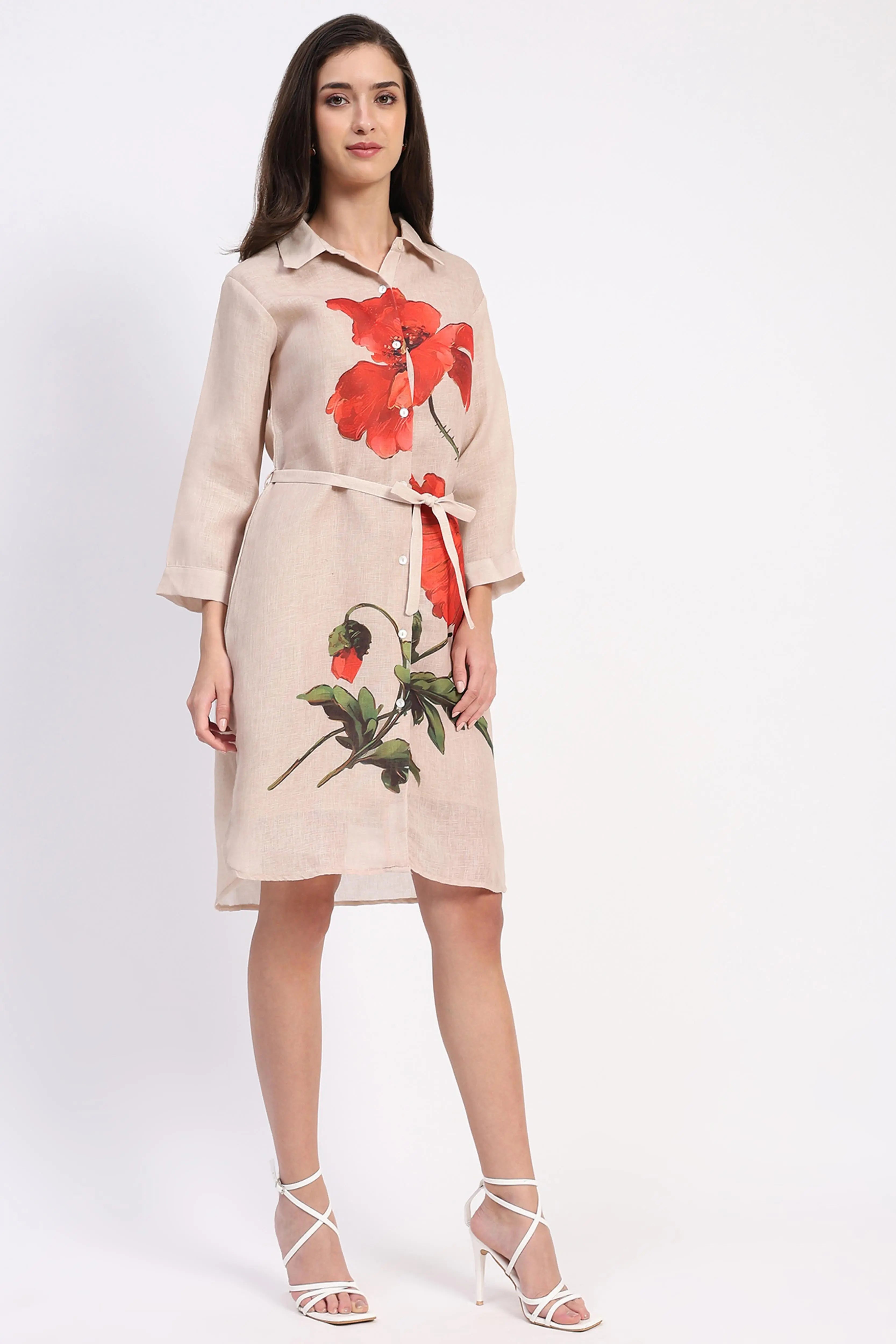 Beige Floral  Linen Dress - Global Republic