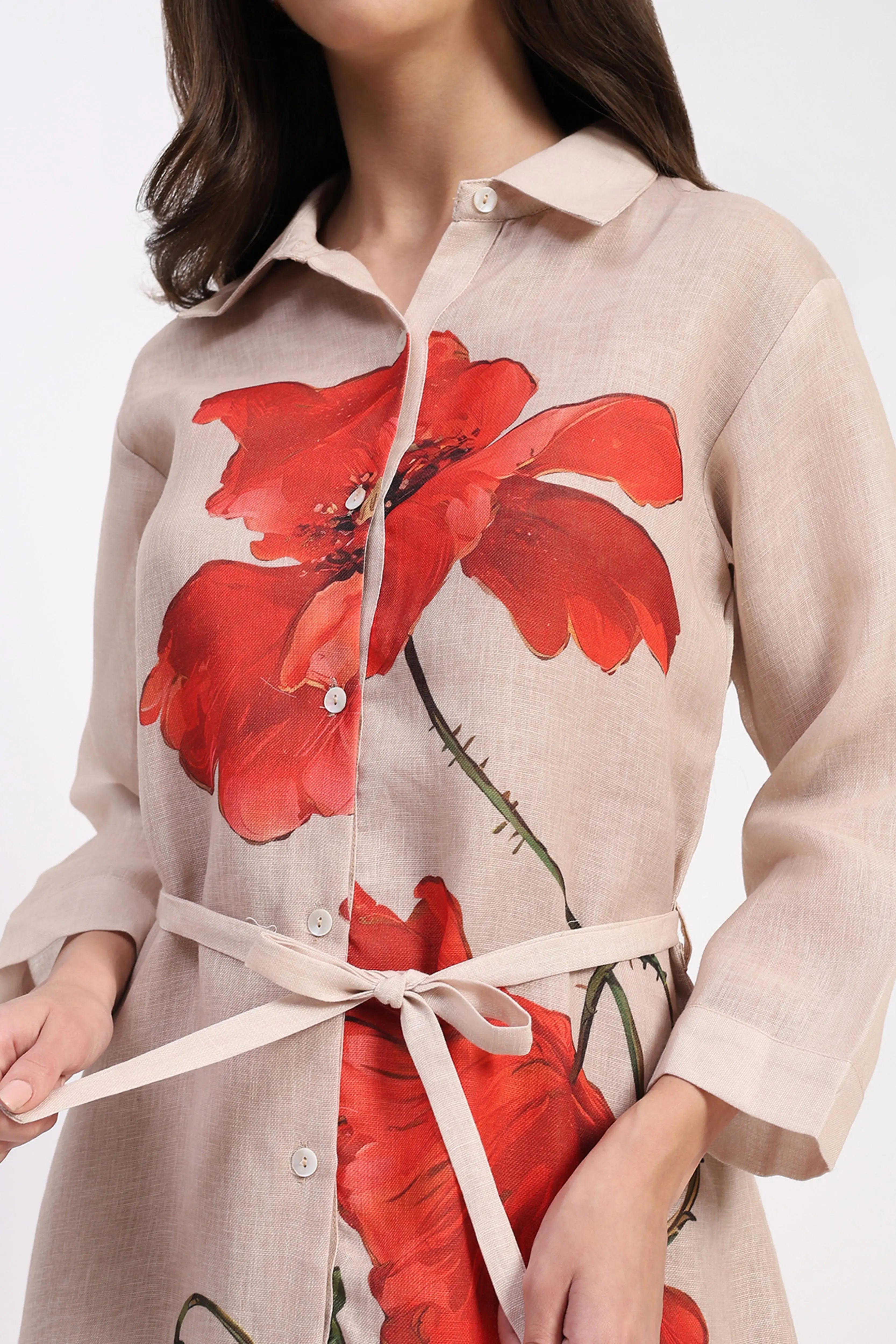 Beige Floral  Linen Dress - Global Republic