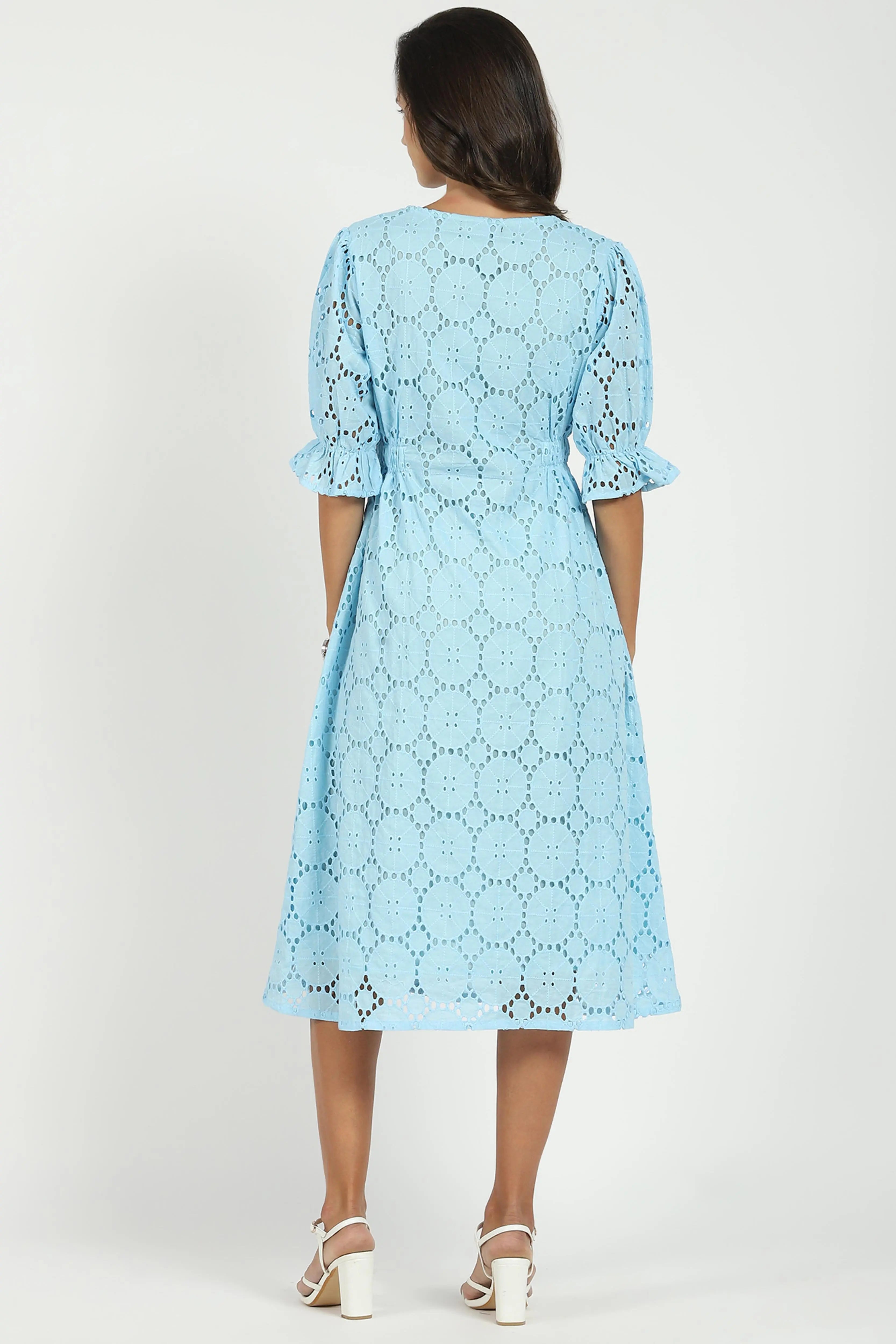 Sky Blue Embroidered Schiffli Dress - Global Republic