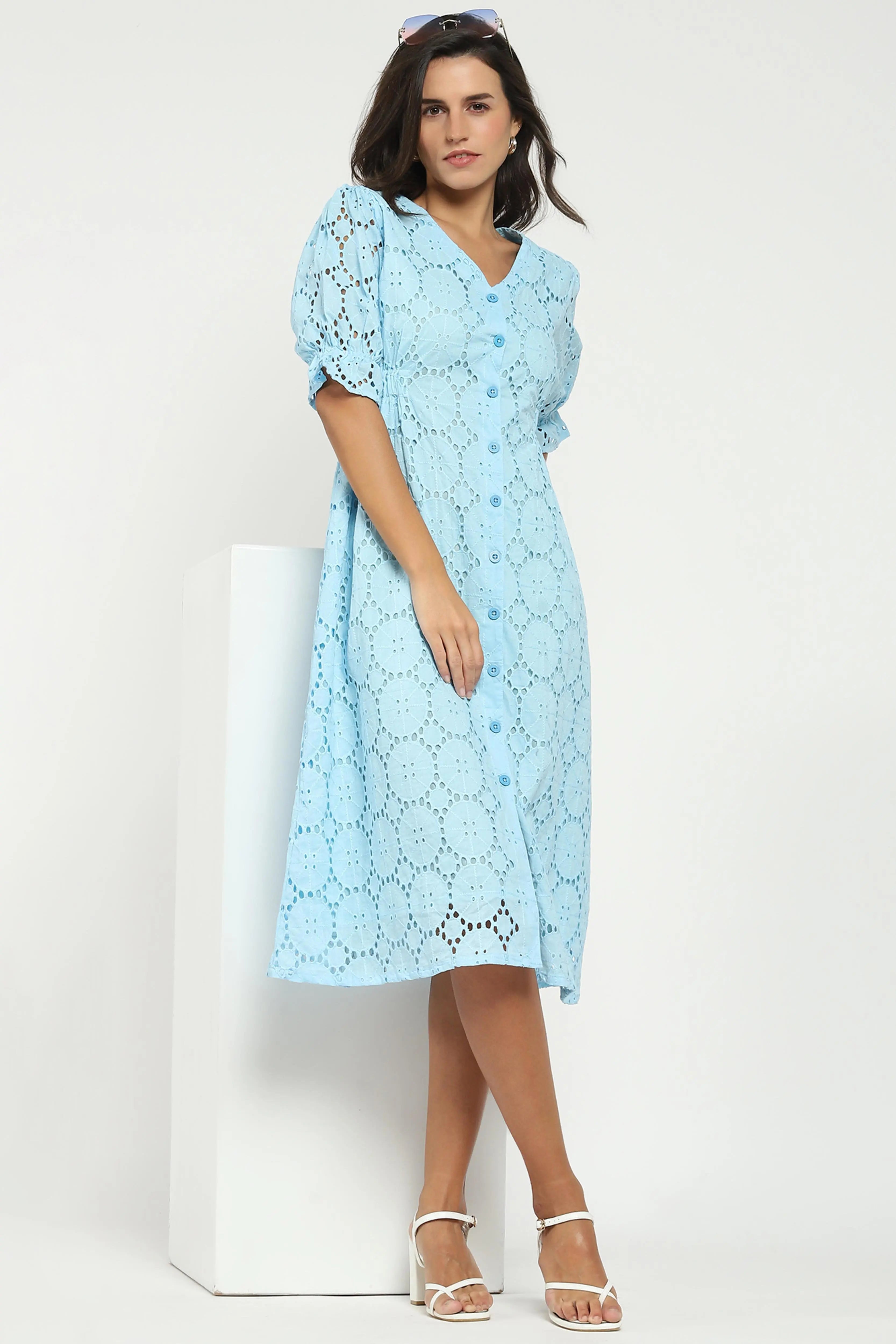 Sky Blue Embroidered Schiffli Dress - Global Republic