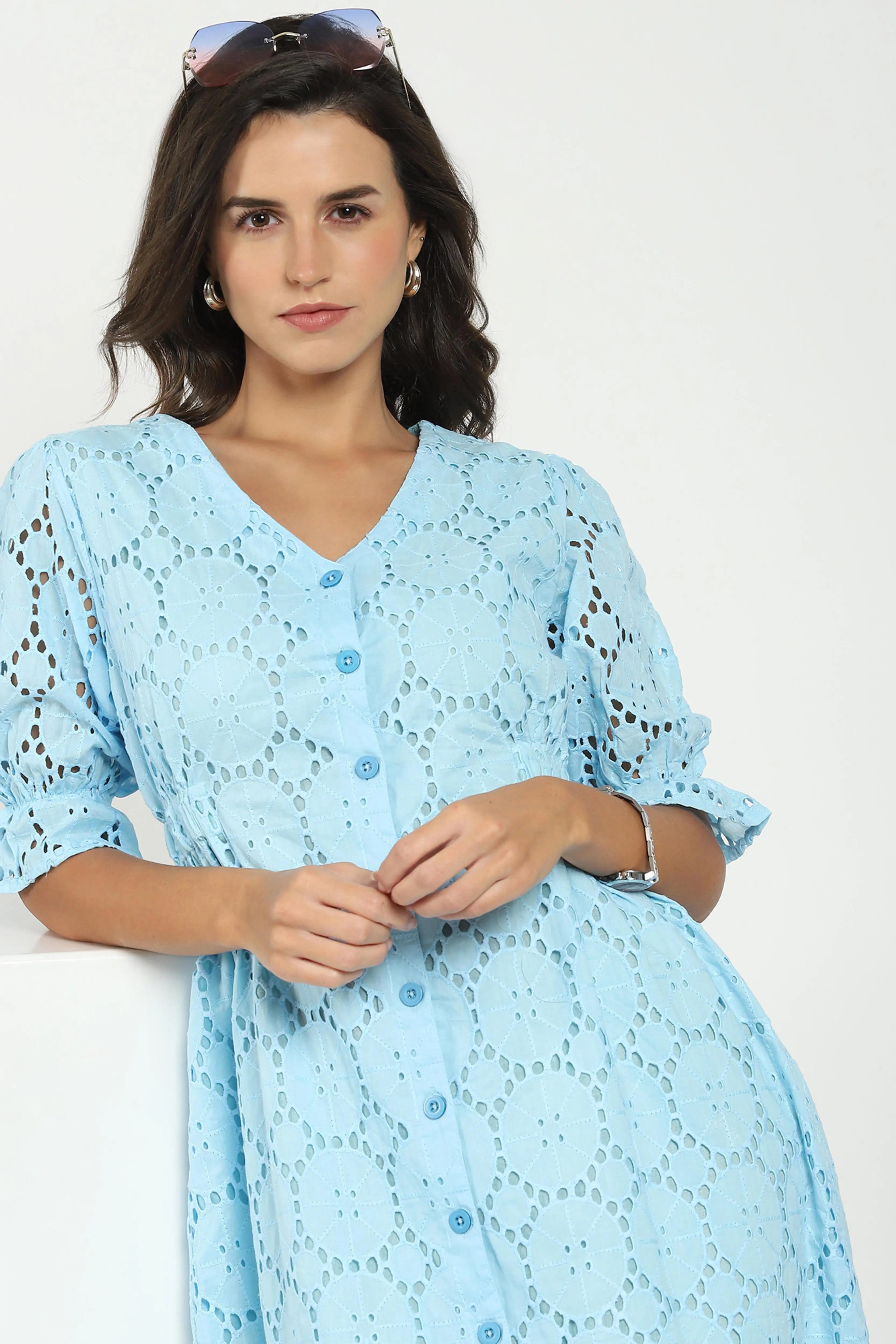 Sky Blue Embroidered Schiffli Dress - Global Republic