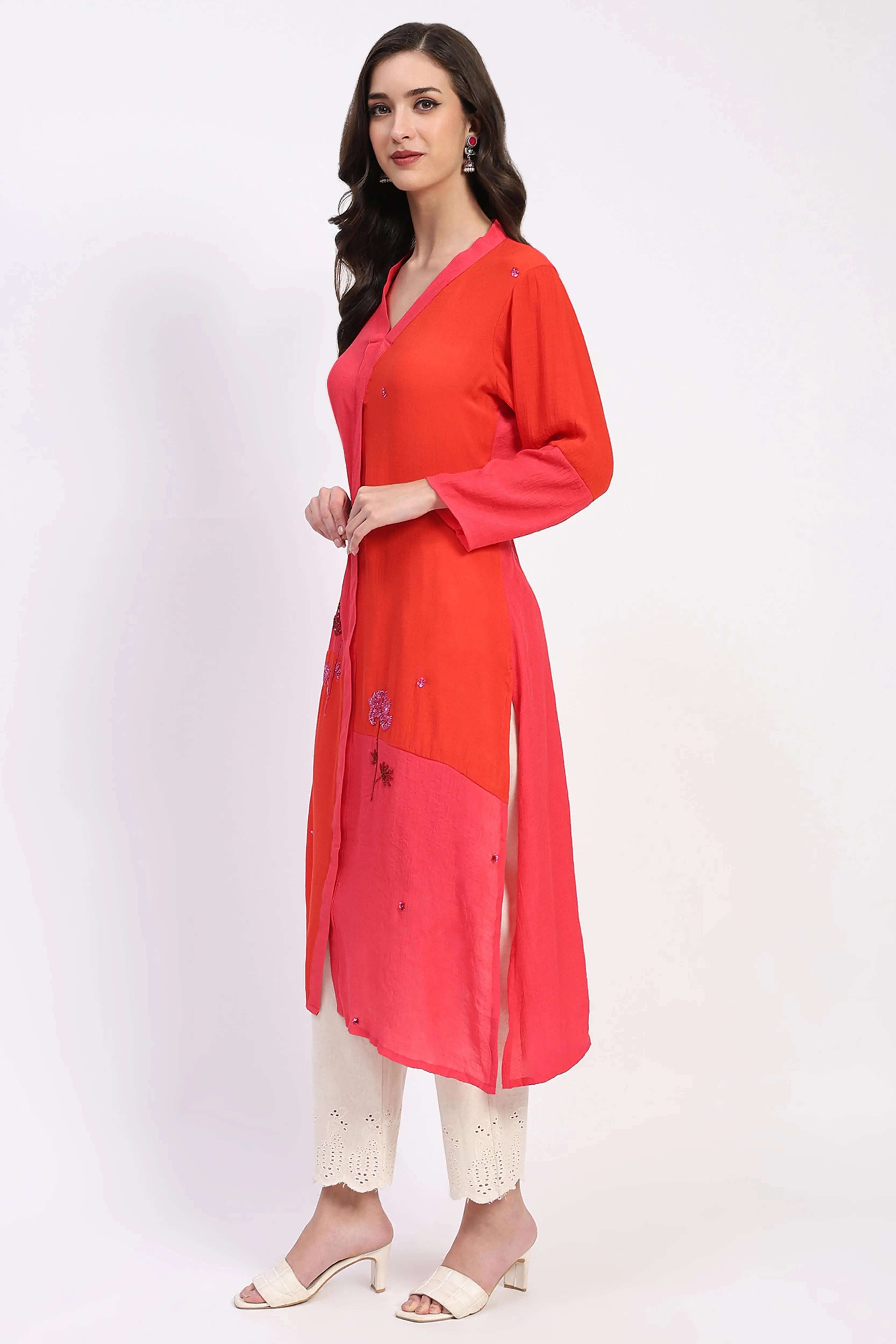 Colour Block Embellished Ethnic Kurta - Global Republic