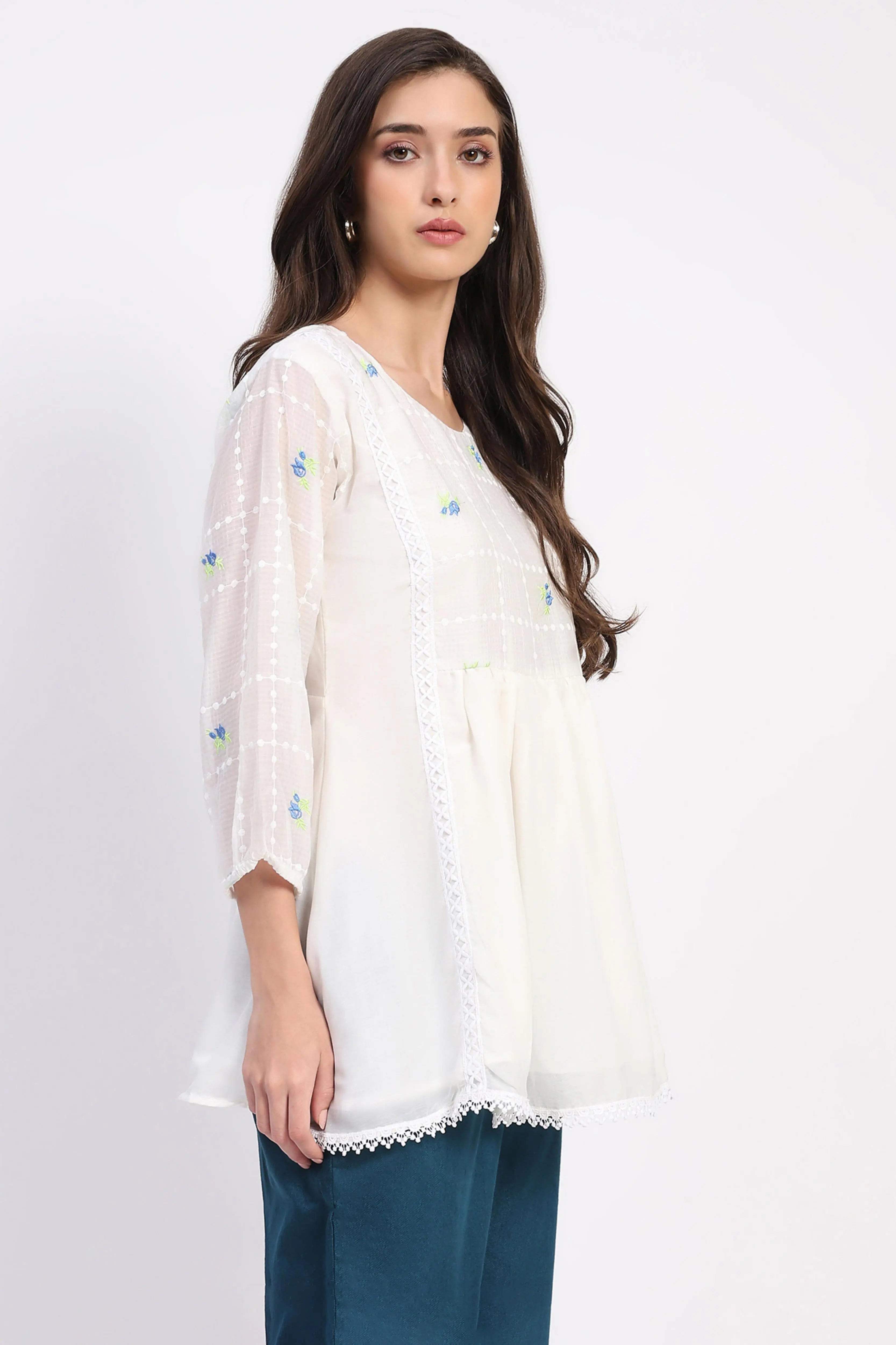White Lace-Pleated Tunic - Global Republic