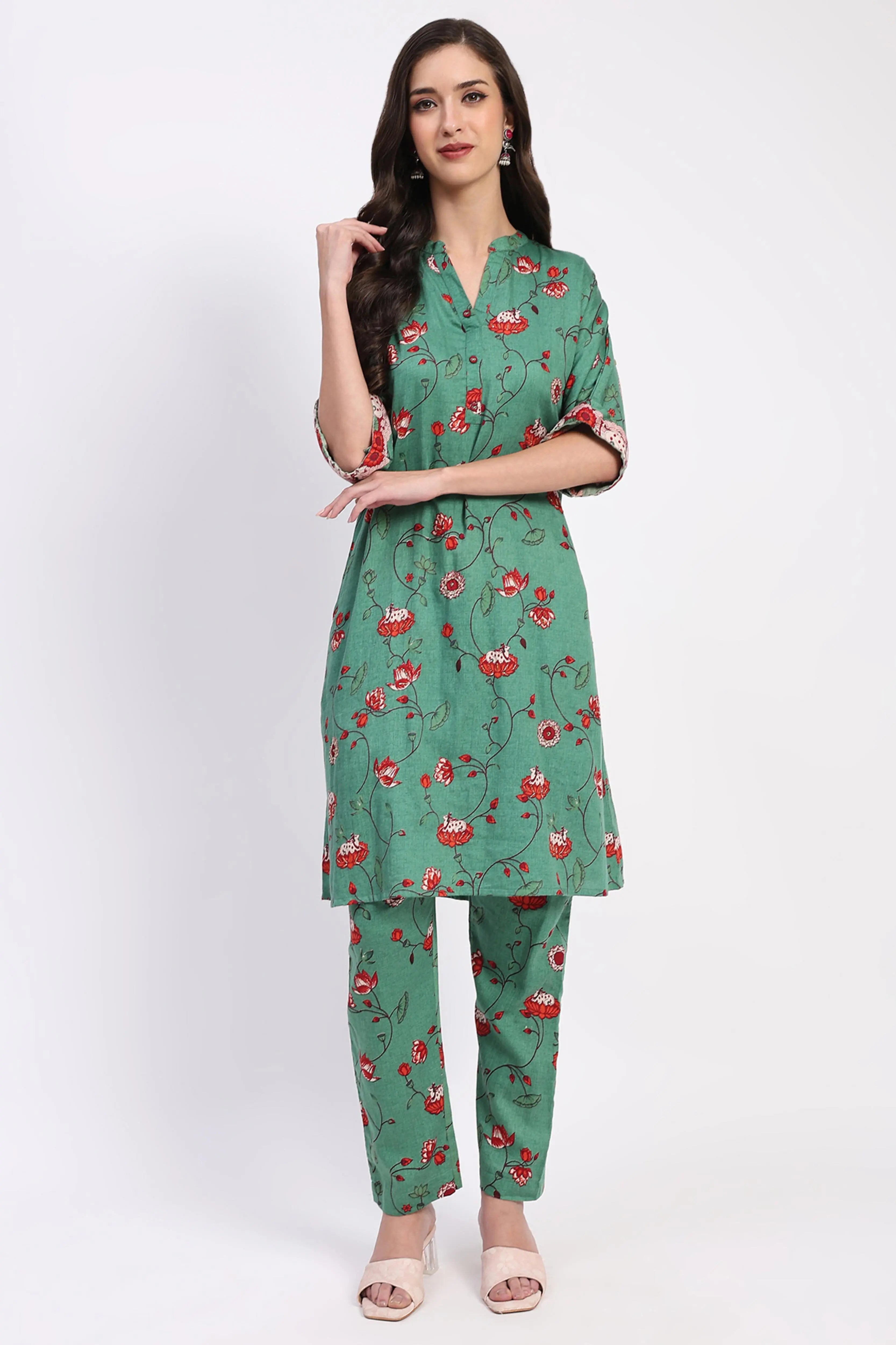 Green Ethnic Print Cotton Kurta Set - Global Republic
