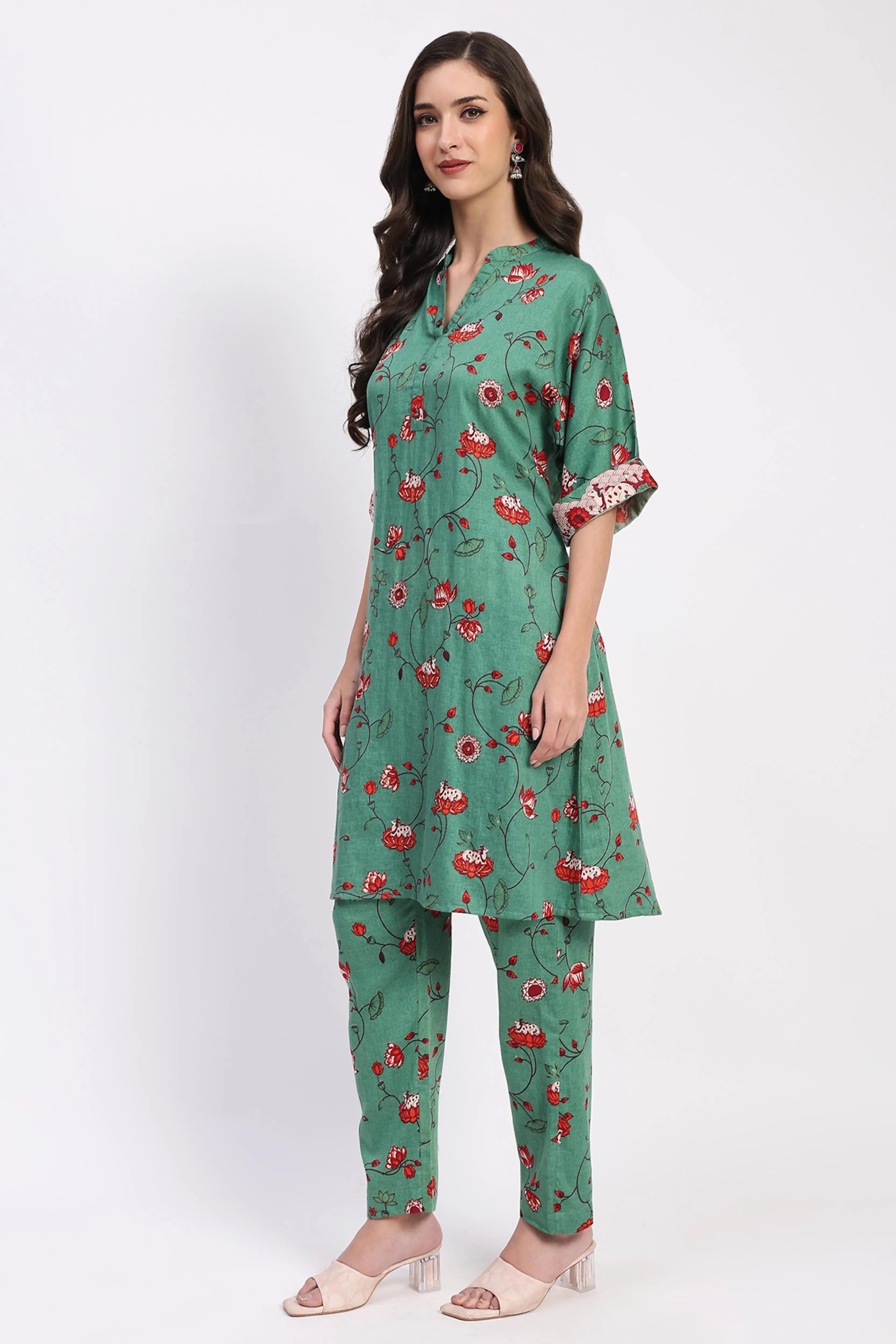 Green Ethnic Print Cotton Kurta Set - Global Republic