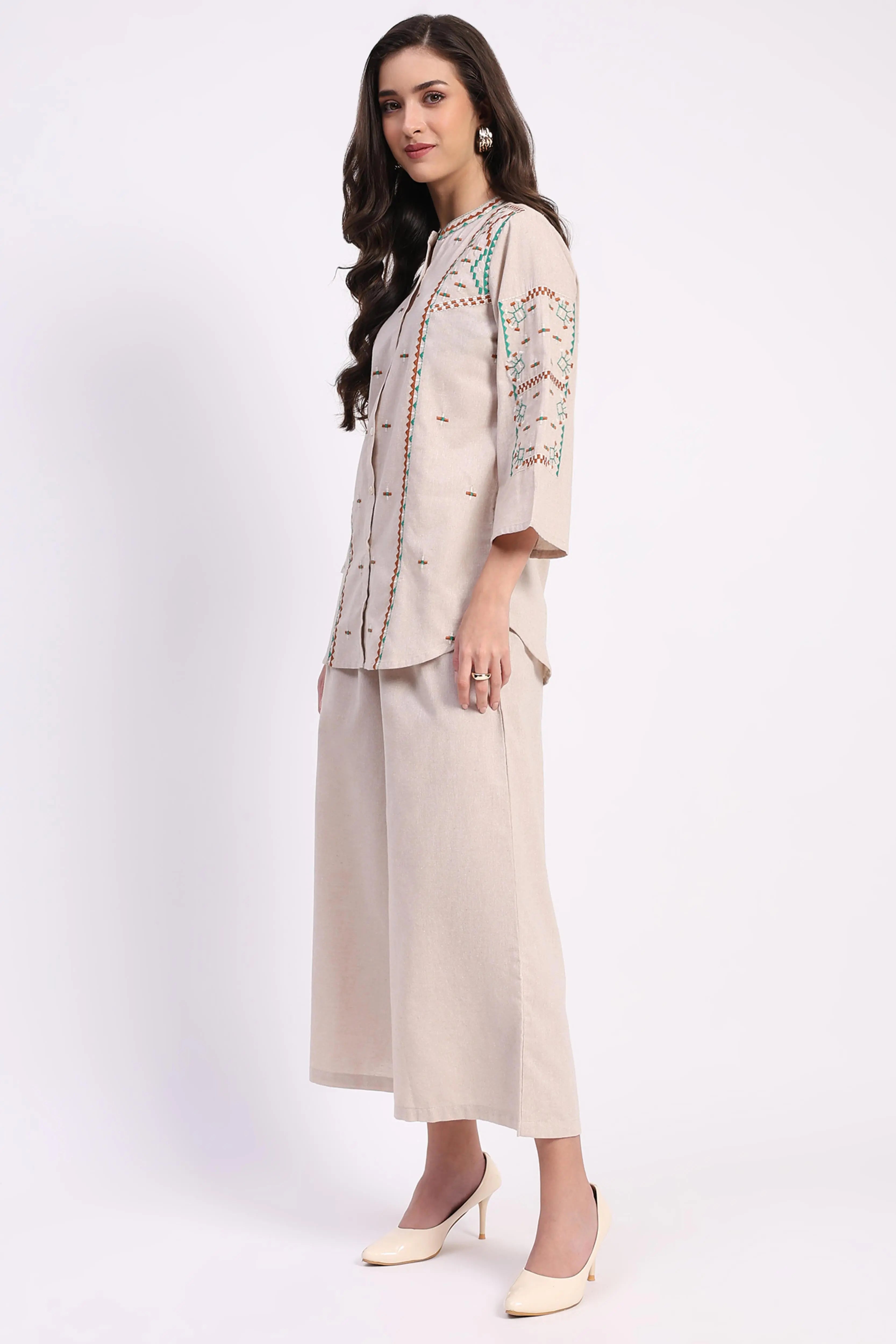 Beige Cotton Embroidered Tunic Set - Global Republic