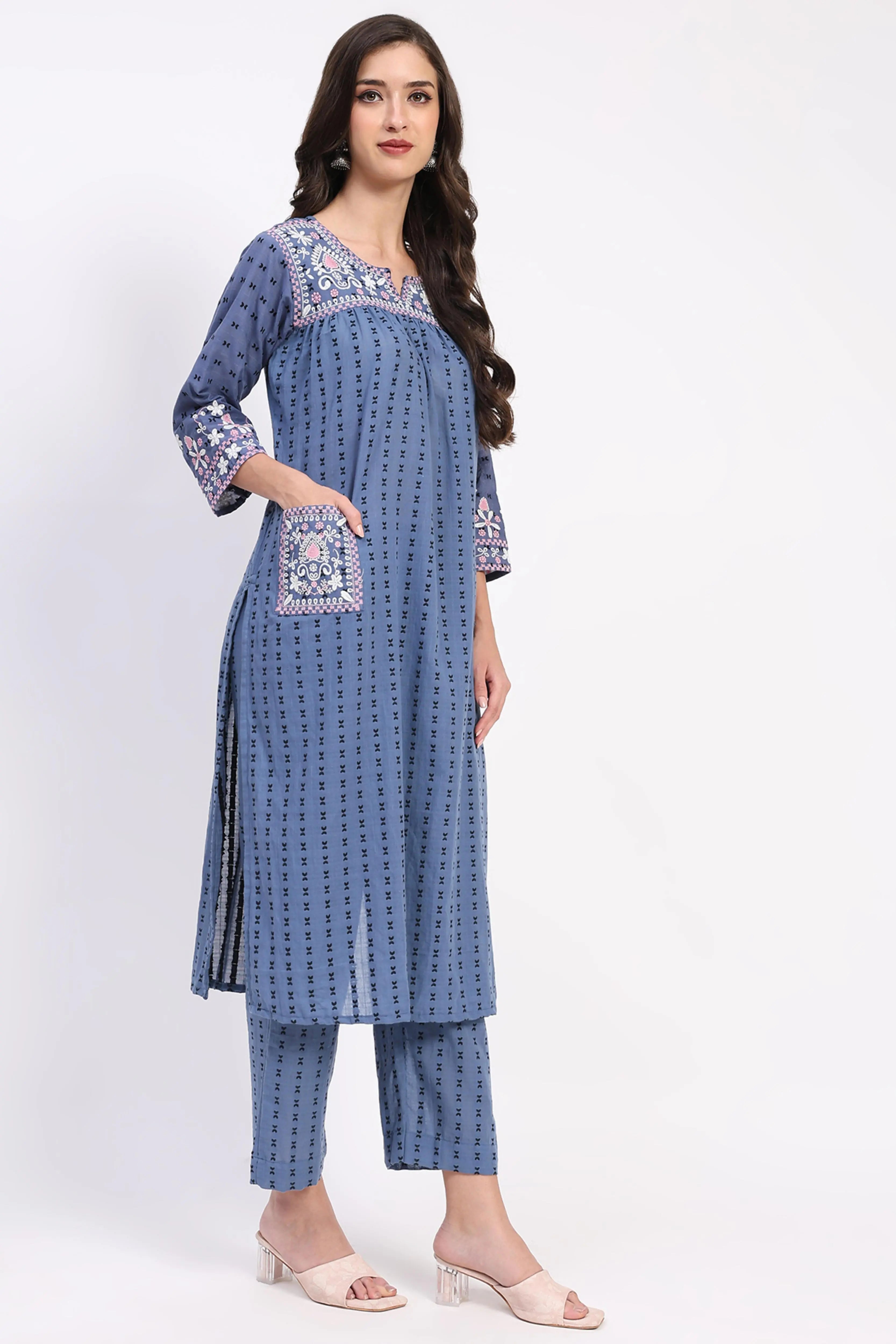 Blue Cotton Dobby Embroidered Kurta Set - Global Republic