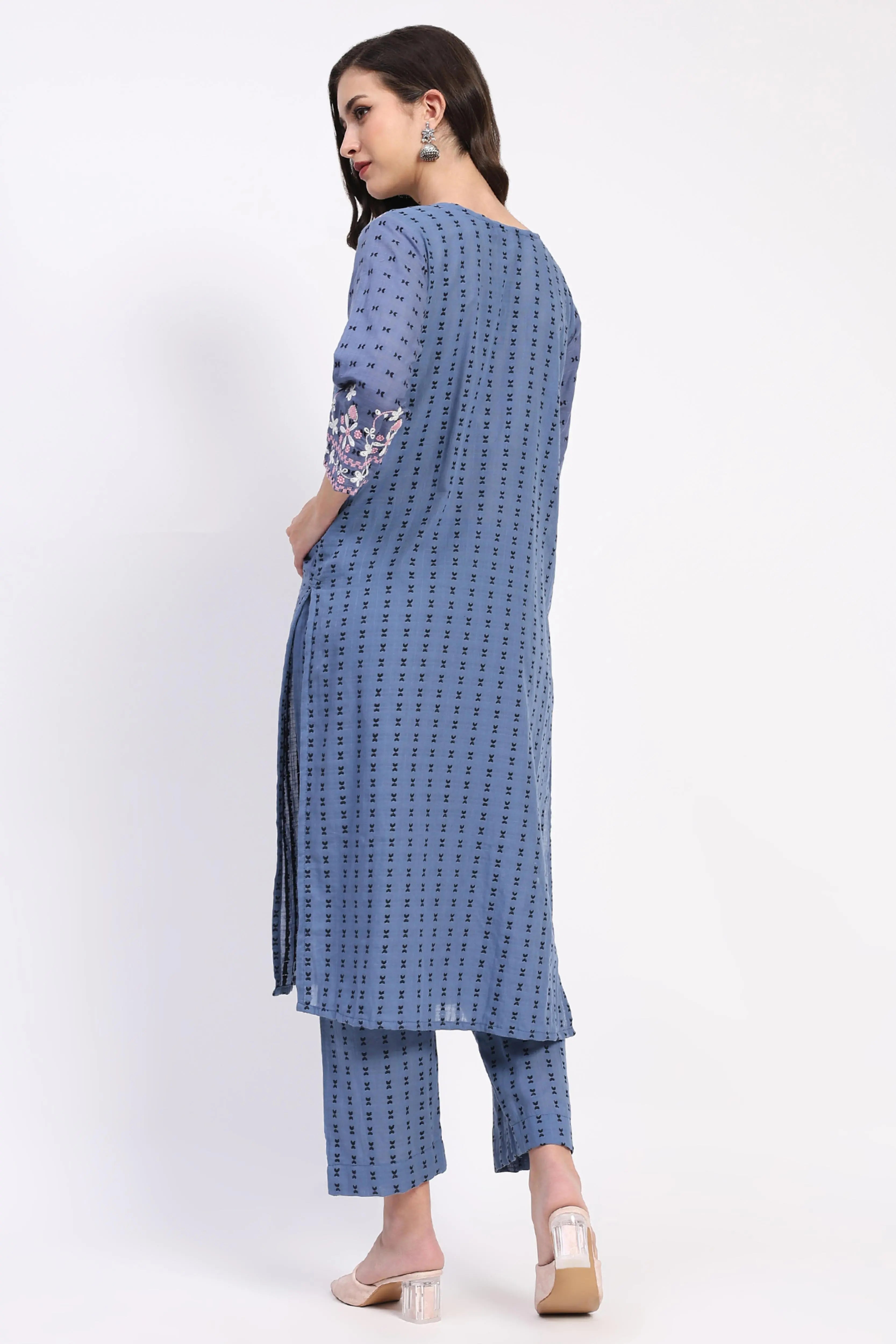 Blue Cotton Dobby Embroidered Kurta Set - Global Republic