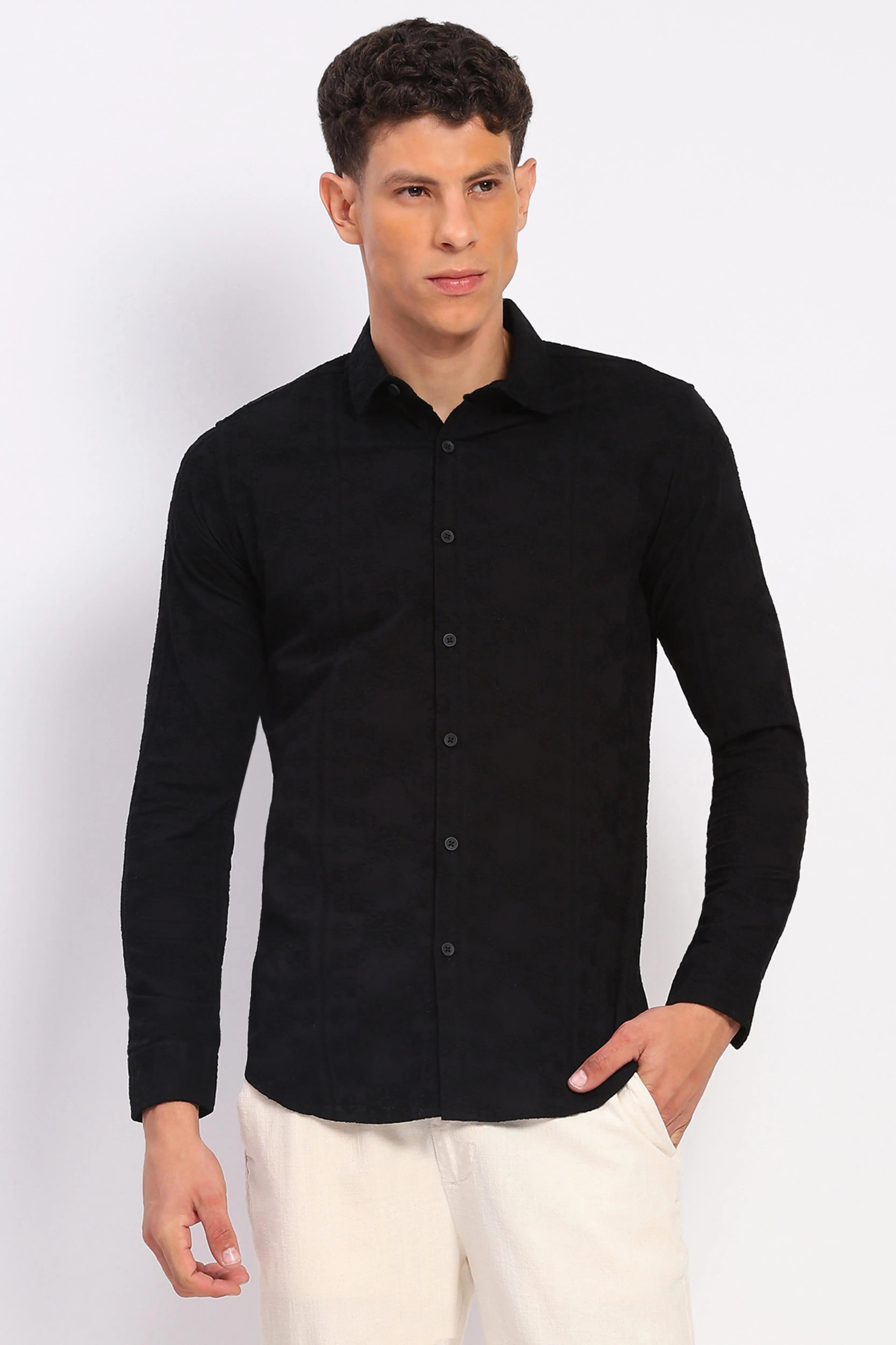 Black Cotton Embroidered Shirt - Global Republic