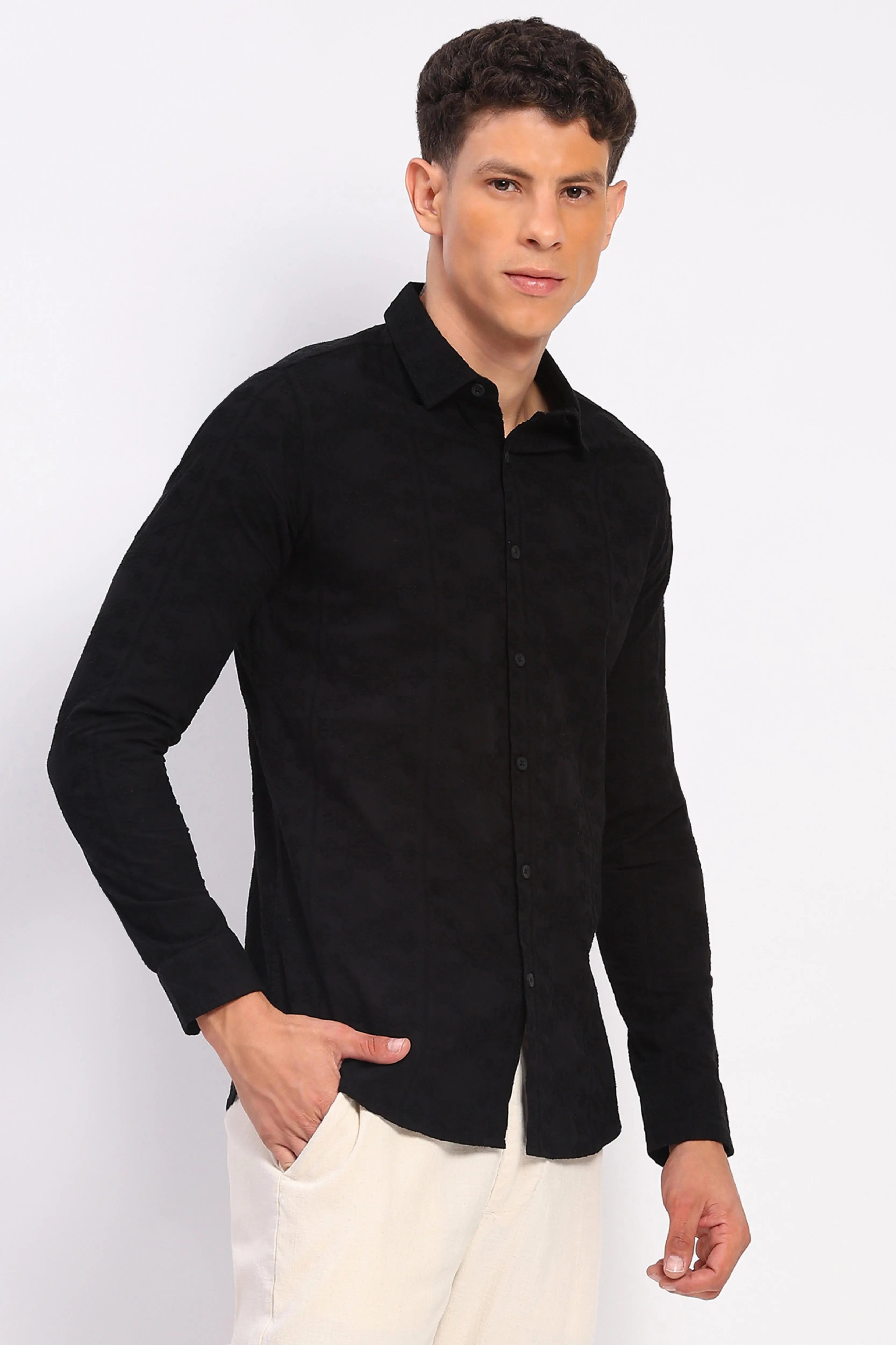 Black Cotton Embroidered Shirt - Global Republic