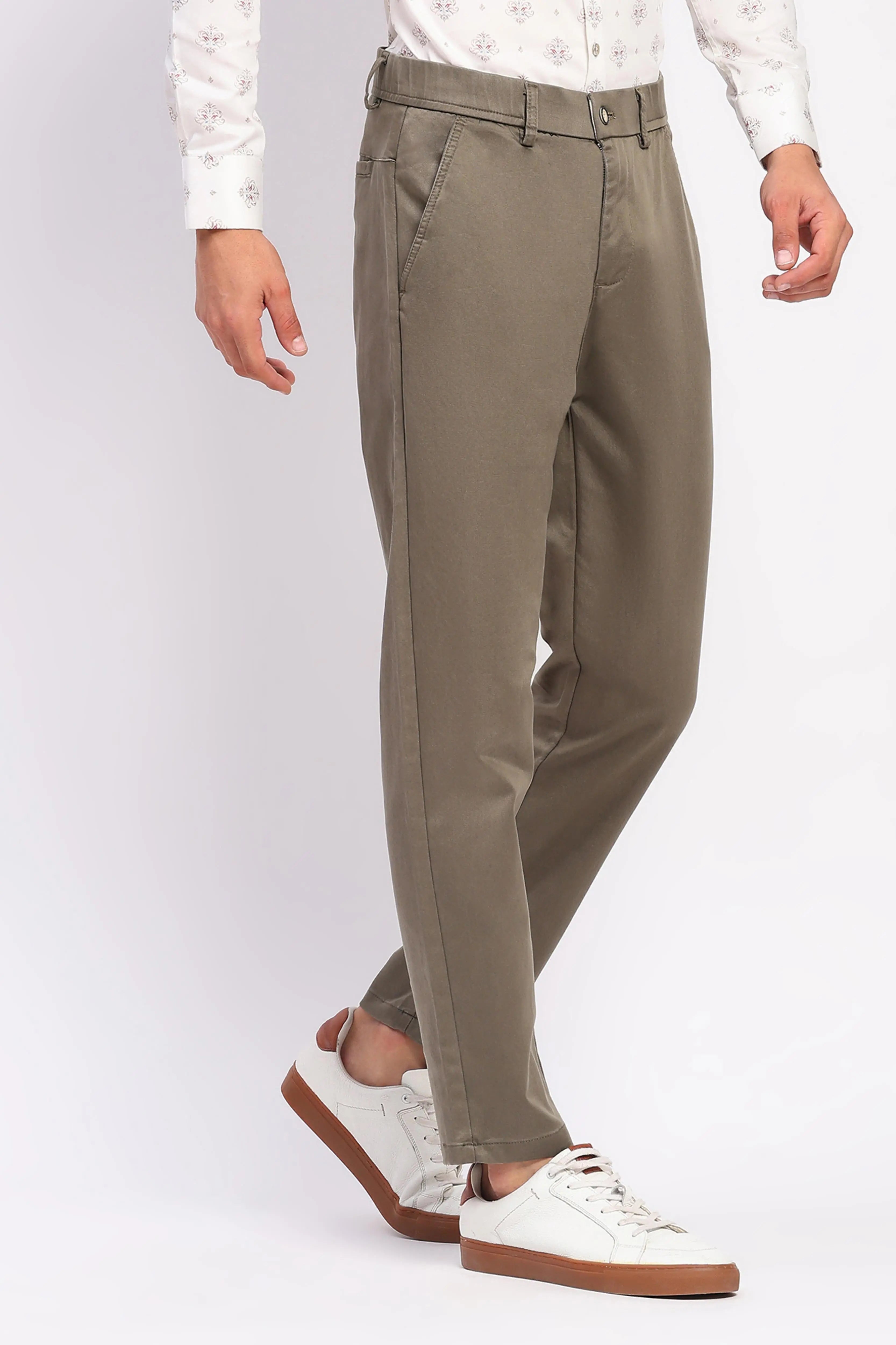 Sand Brown Stretch Straight Fit Trousers - Global Republic