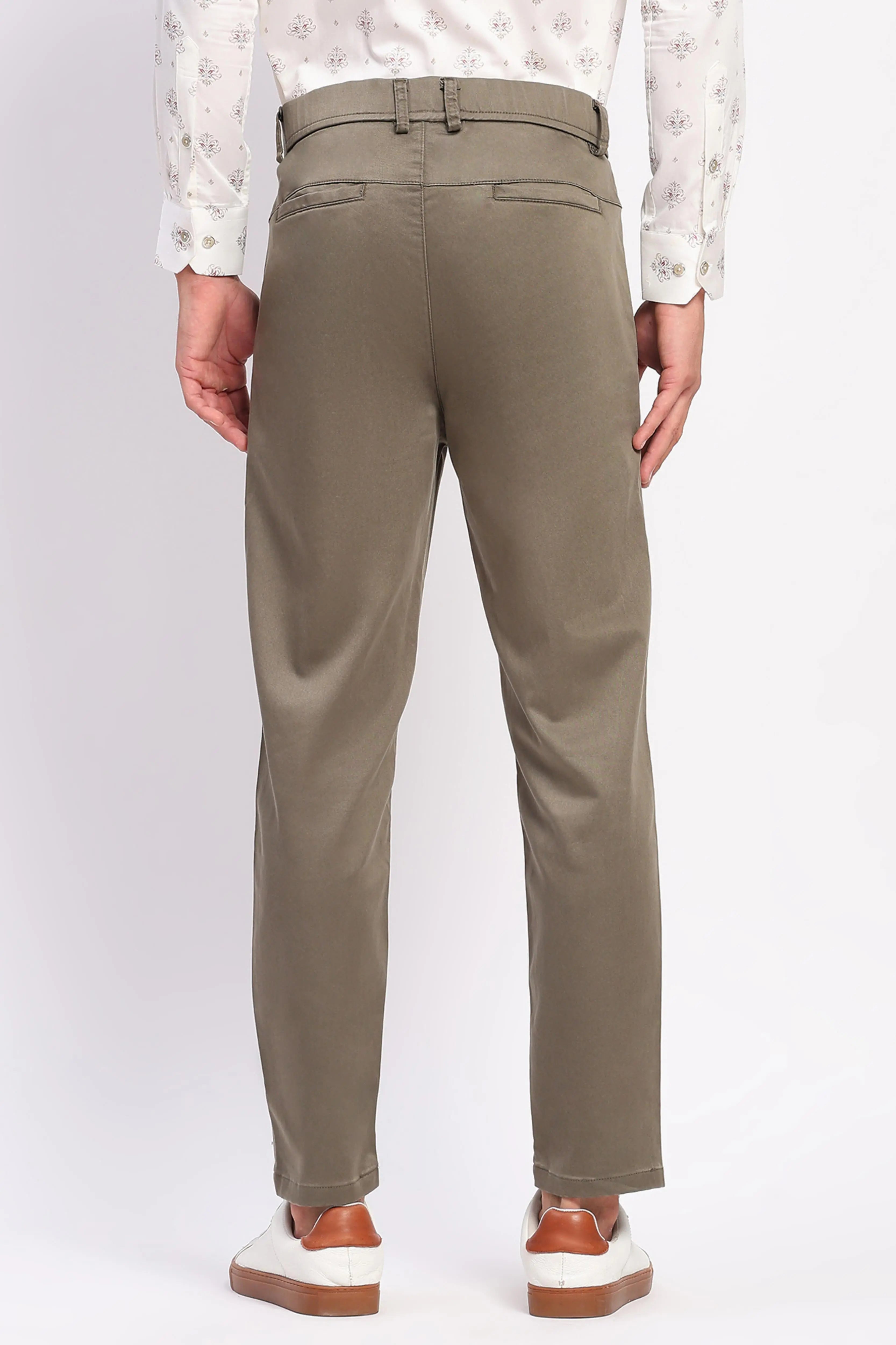 Sand Brown Stretch Straight Fit Trousers - Global Republic