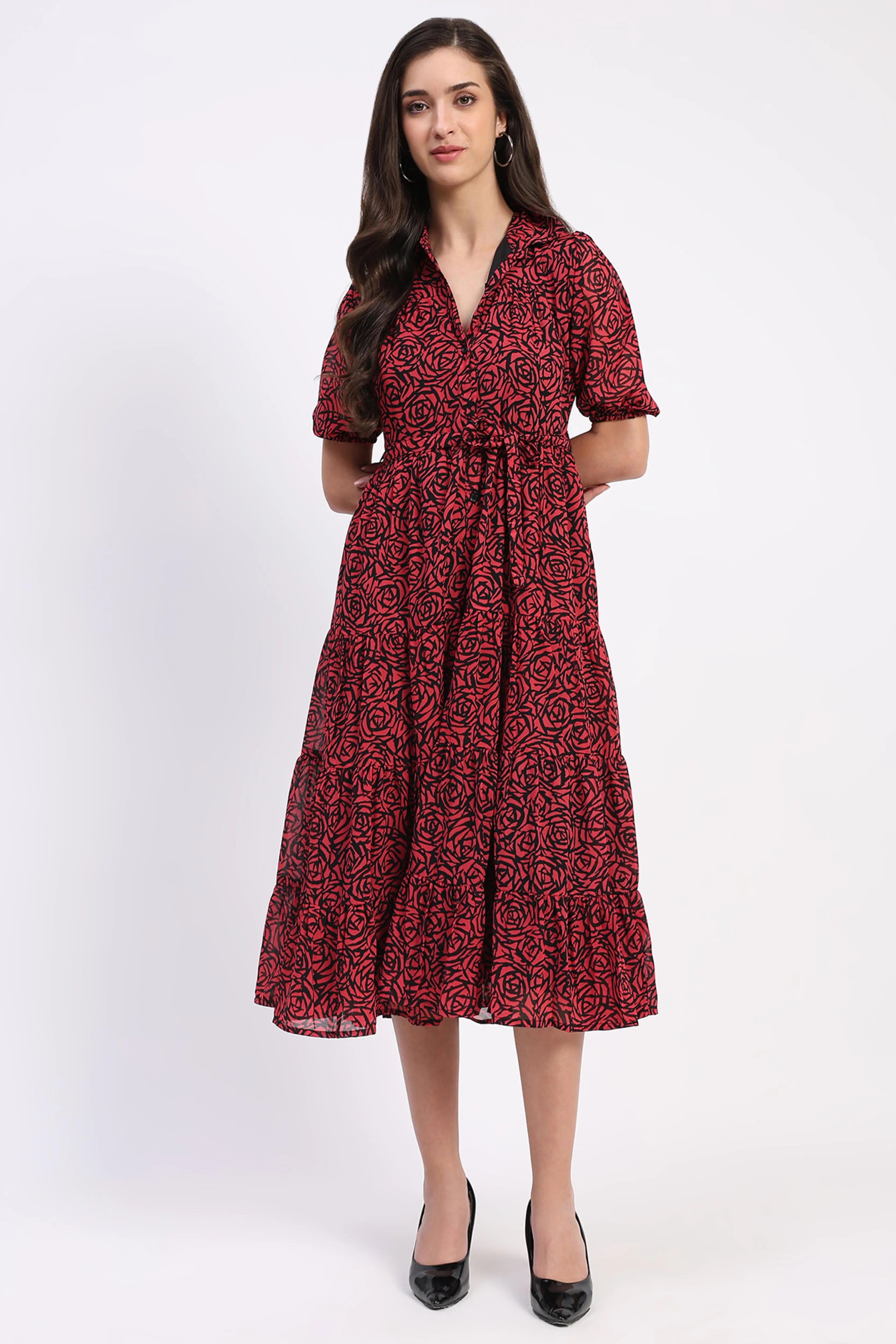 Red & Black Floral Tiered Dress - Global Republic