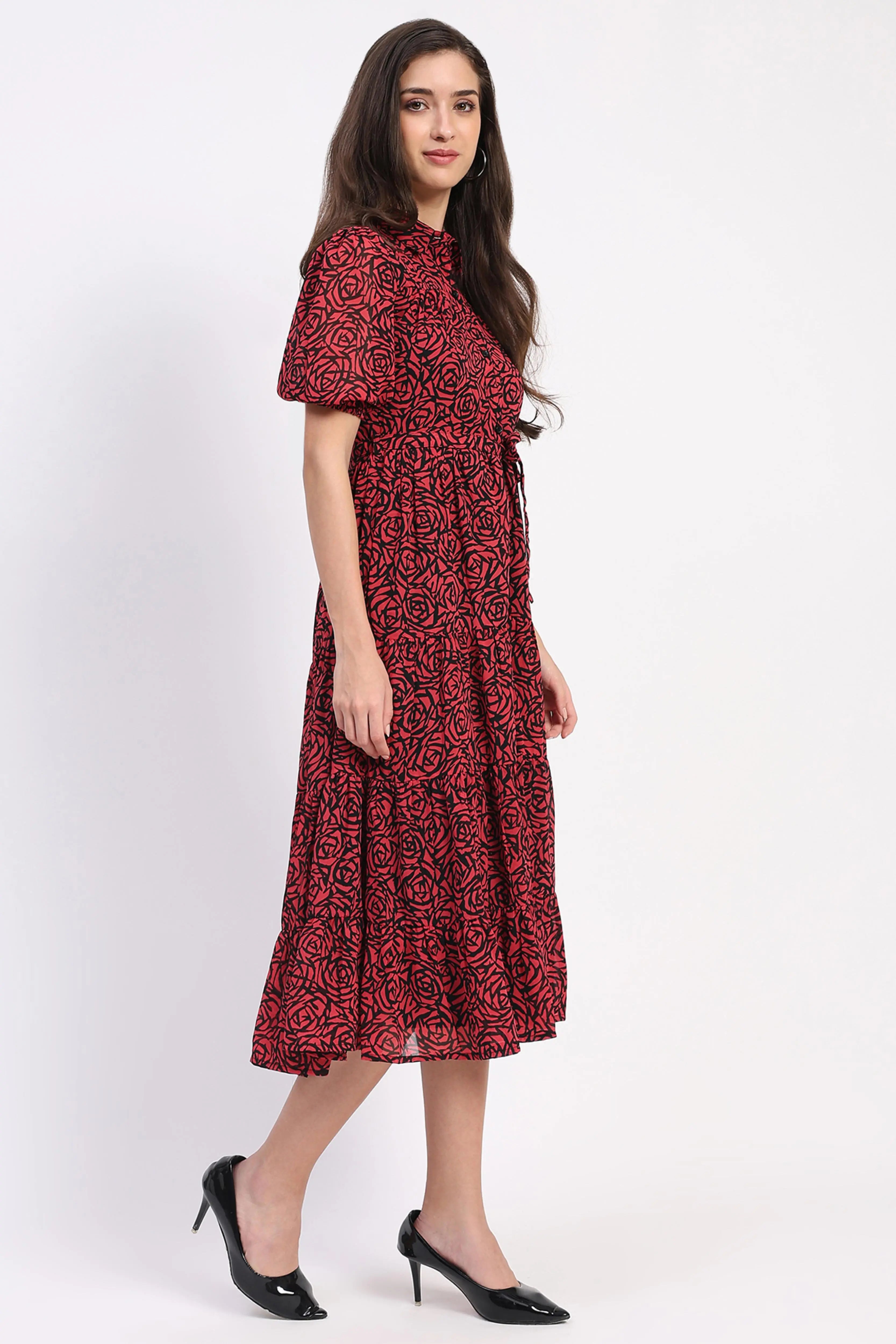 Red & Black Floral Tiered Dress - Global Republic