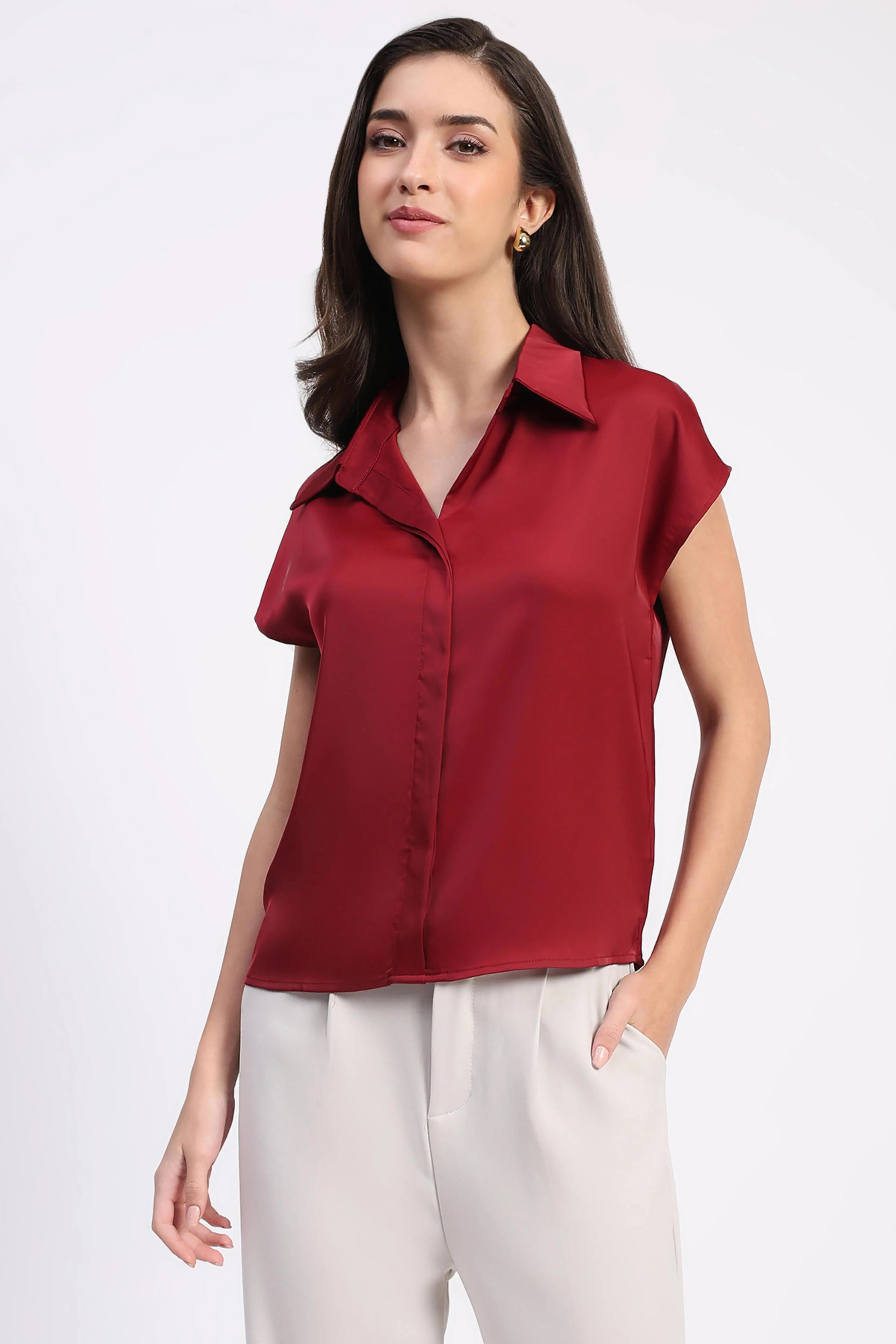 Garnet Solid Satin Loose Fit Formal Shirt - Global Republic