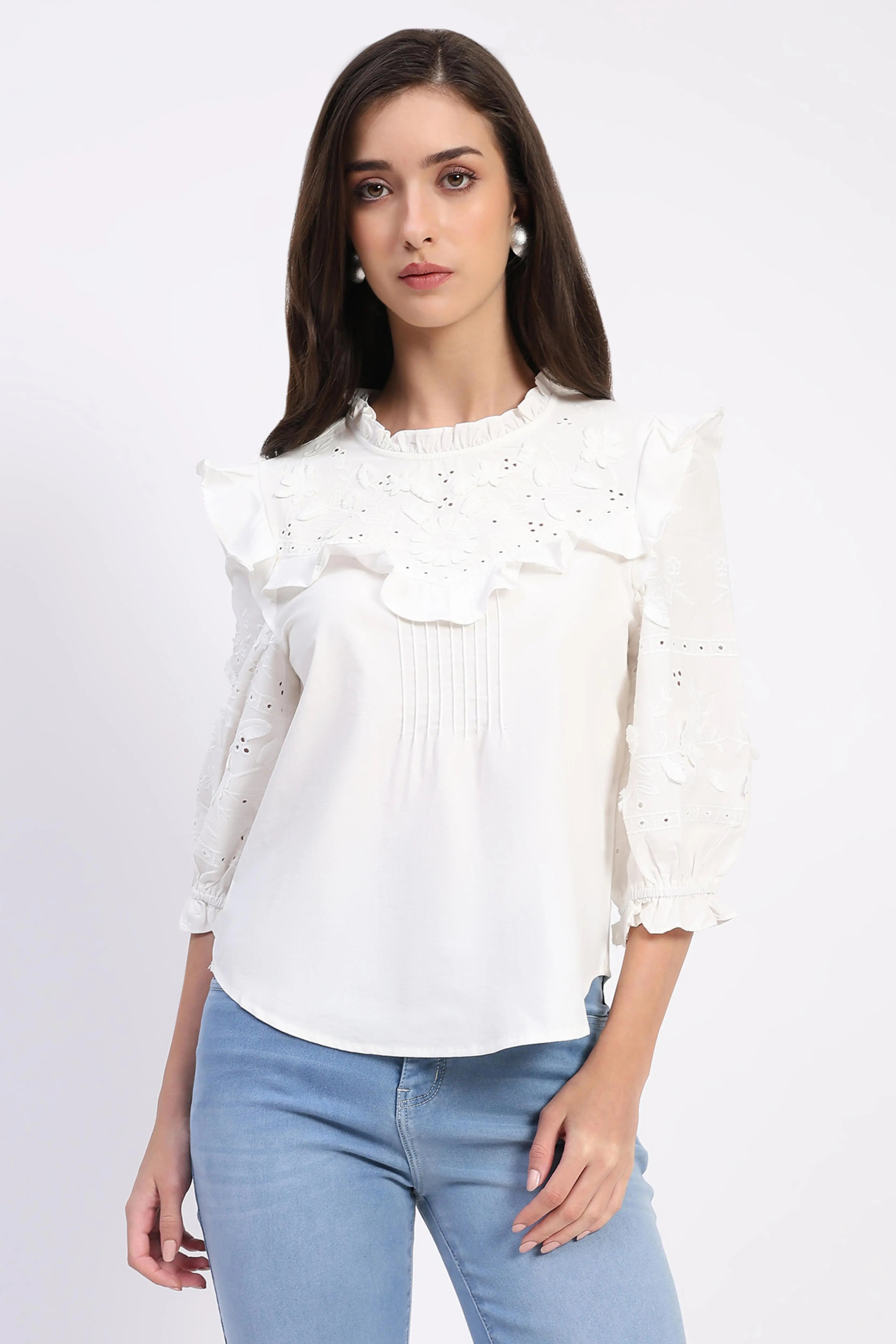 White Embroidered Cotton Blouson Top - Global Republic