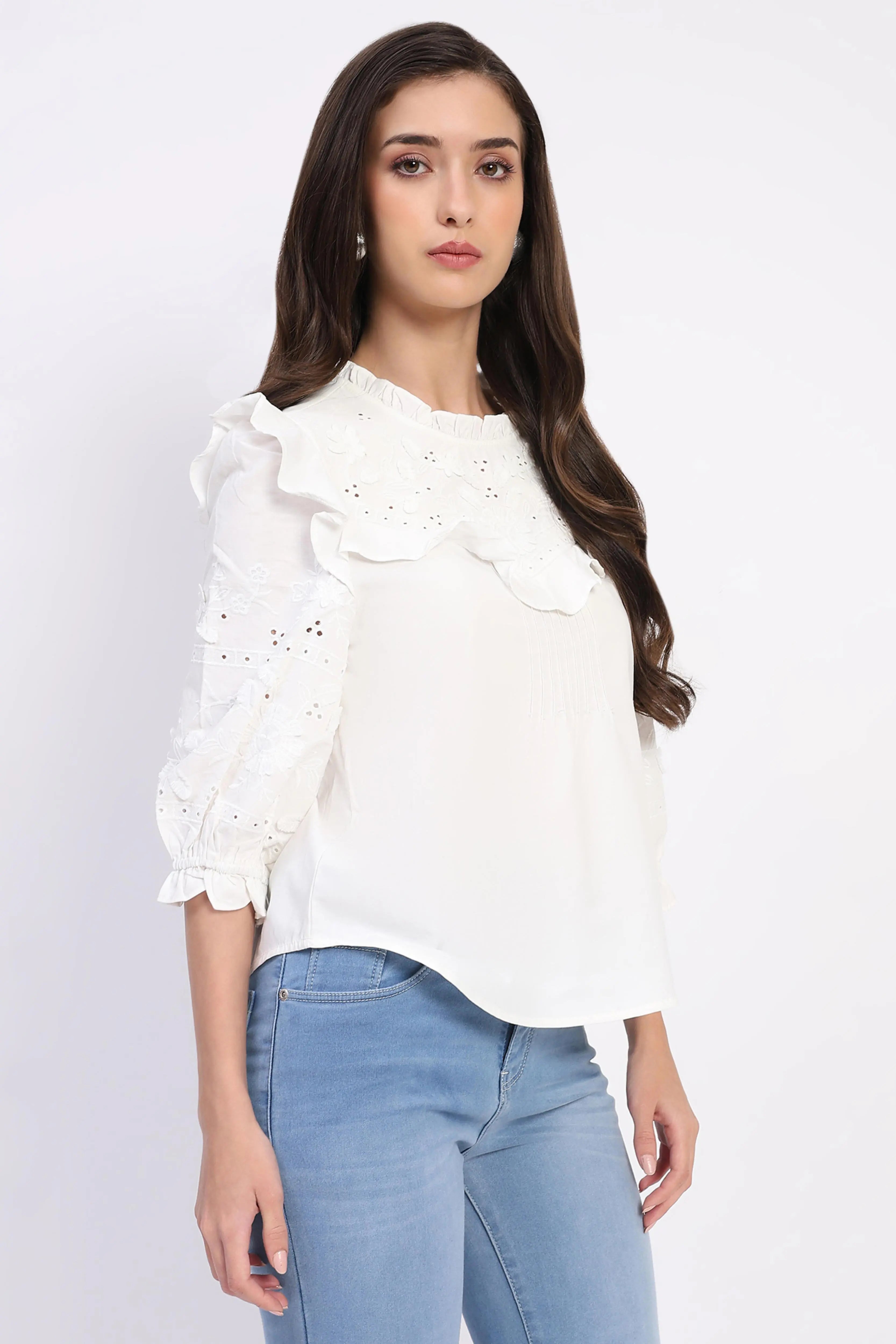 White Embroidered Cotton Blouson Top - Global Republic