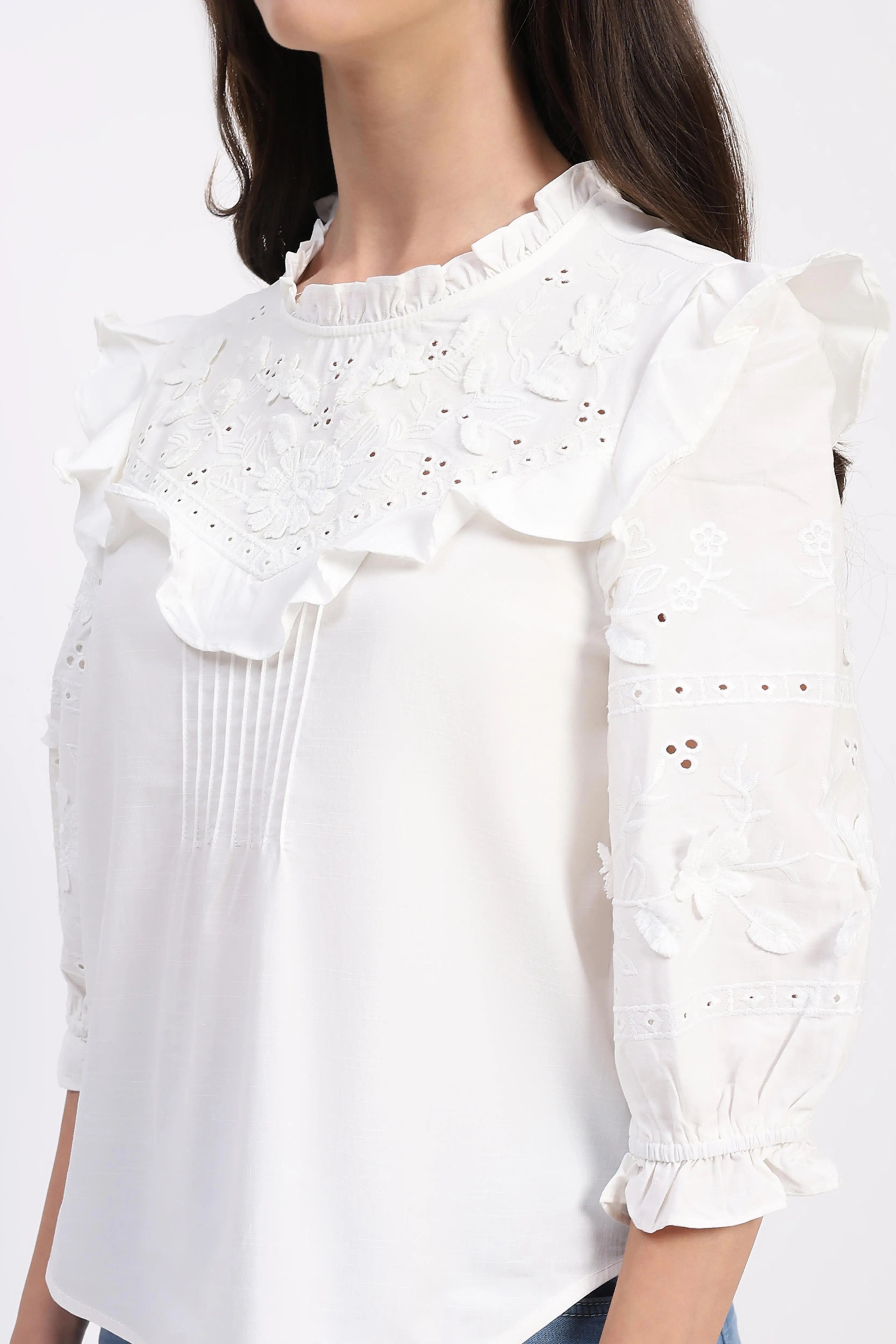 White Embroidered Cotton Blouson Top - Global Republic