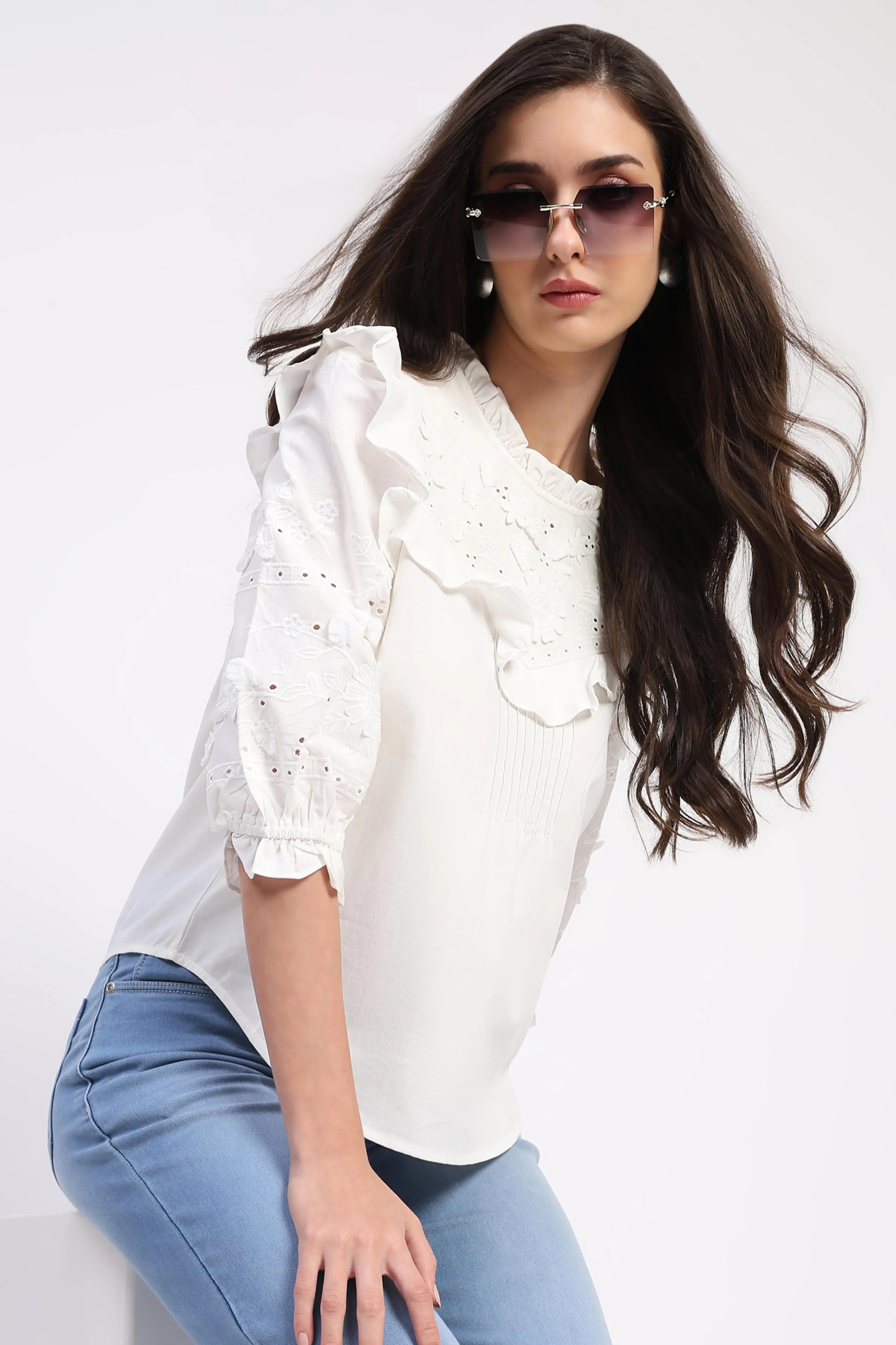 White Embroidered Cotton Blouson Top - Global Republic