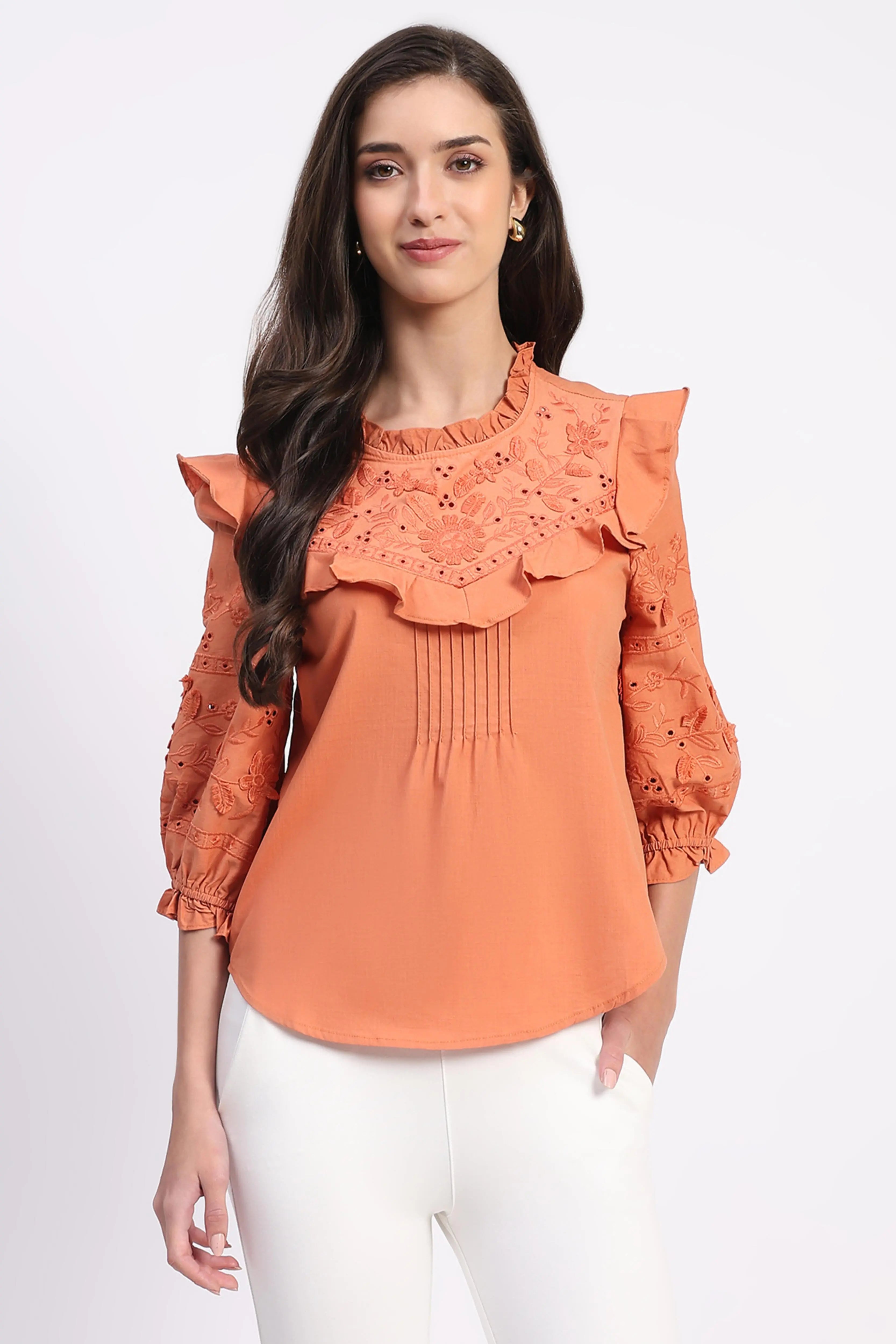 Rust Embroidered Cotton Blouson Top - Global Republic