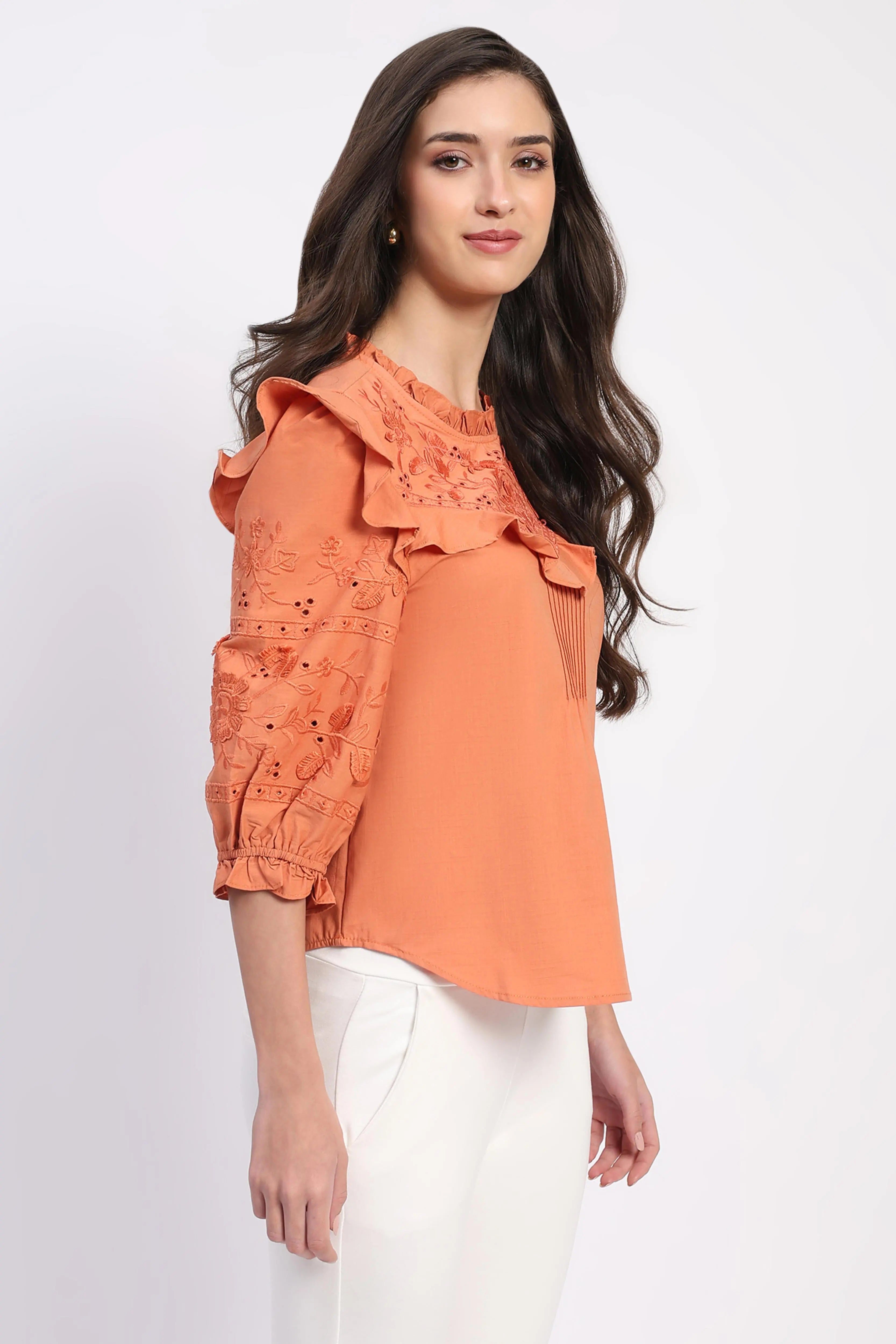 Rust Embroidered Cotton Blouson Top - Global Republic