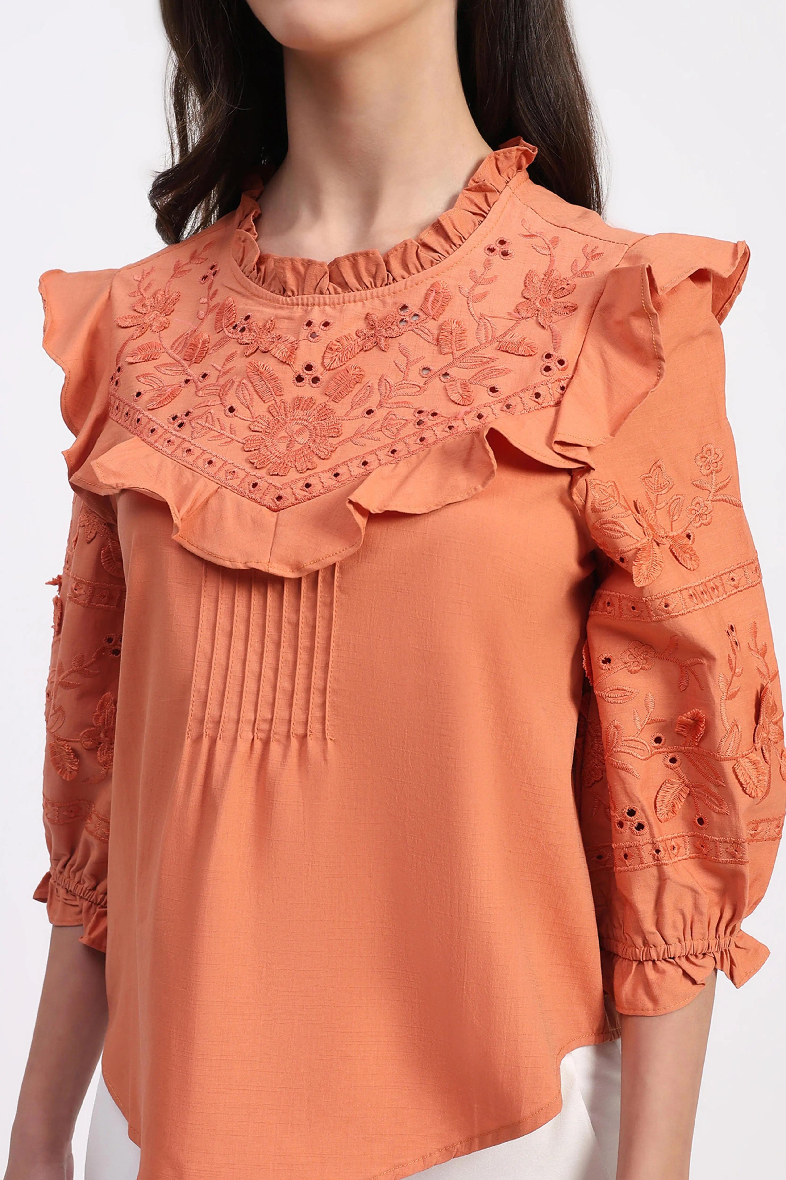 Rust Embroidered Cotton Blouson Top - Global Republic
