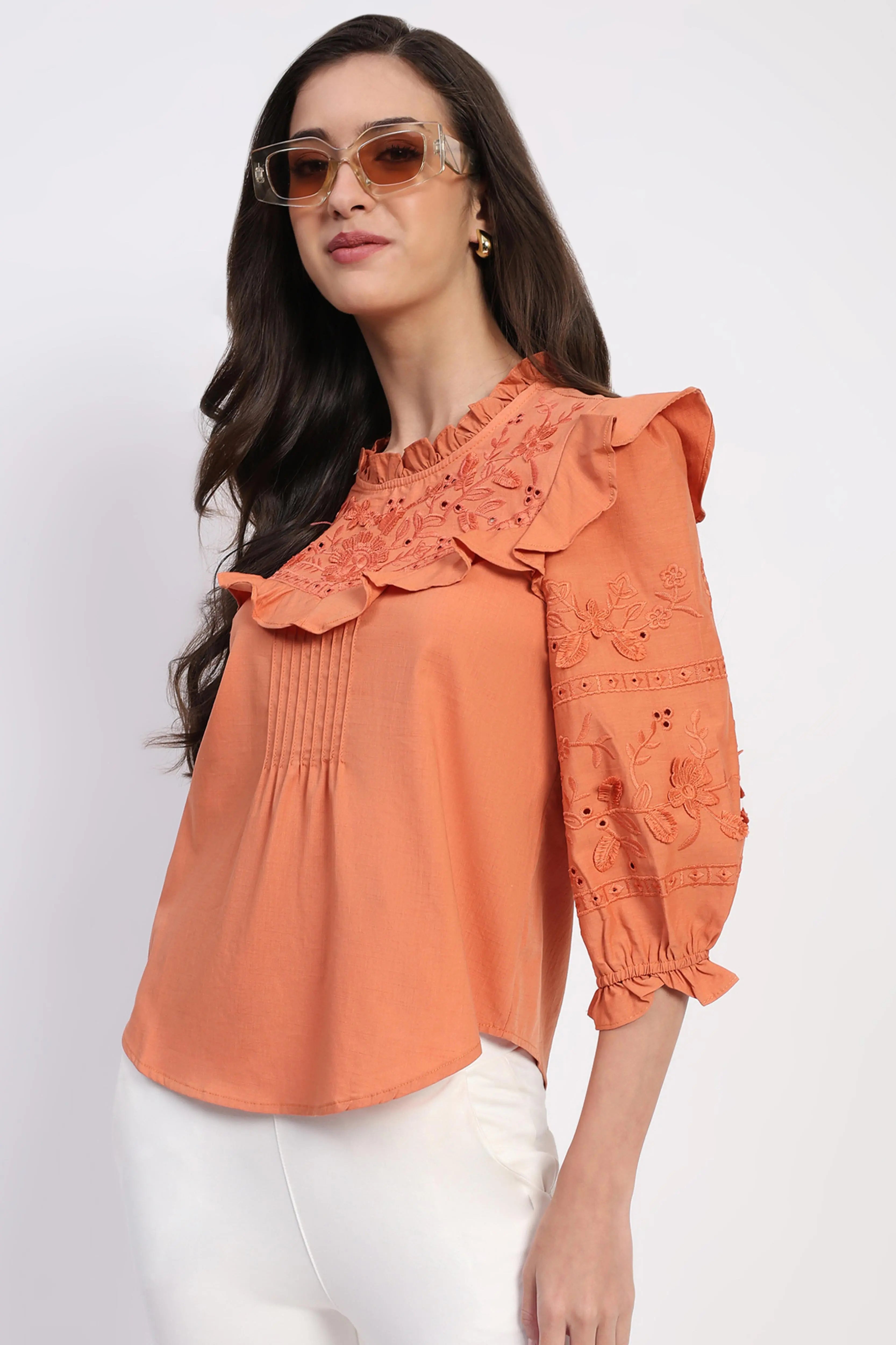Rust Embroidered Cotton Blouson Top - Global Republic