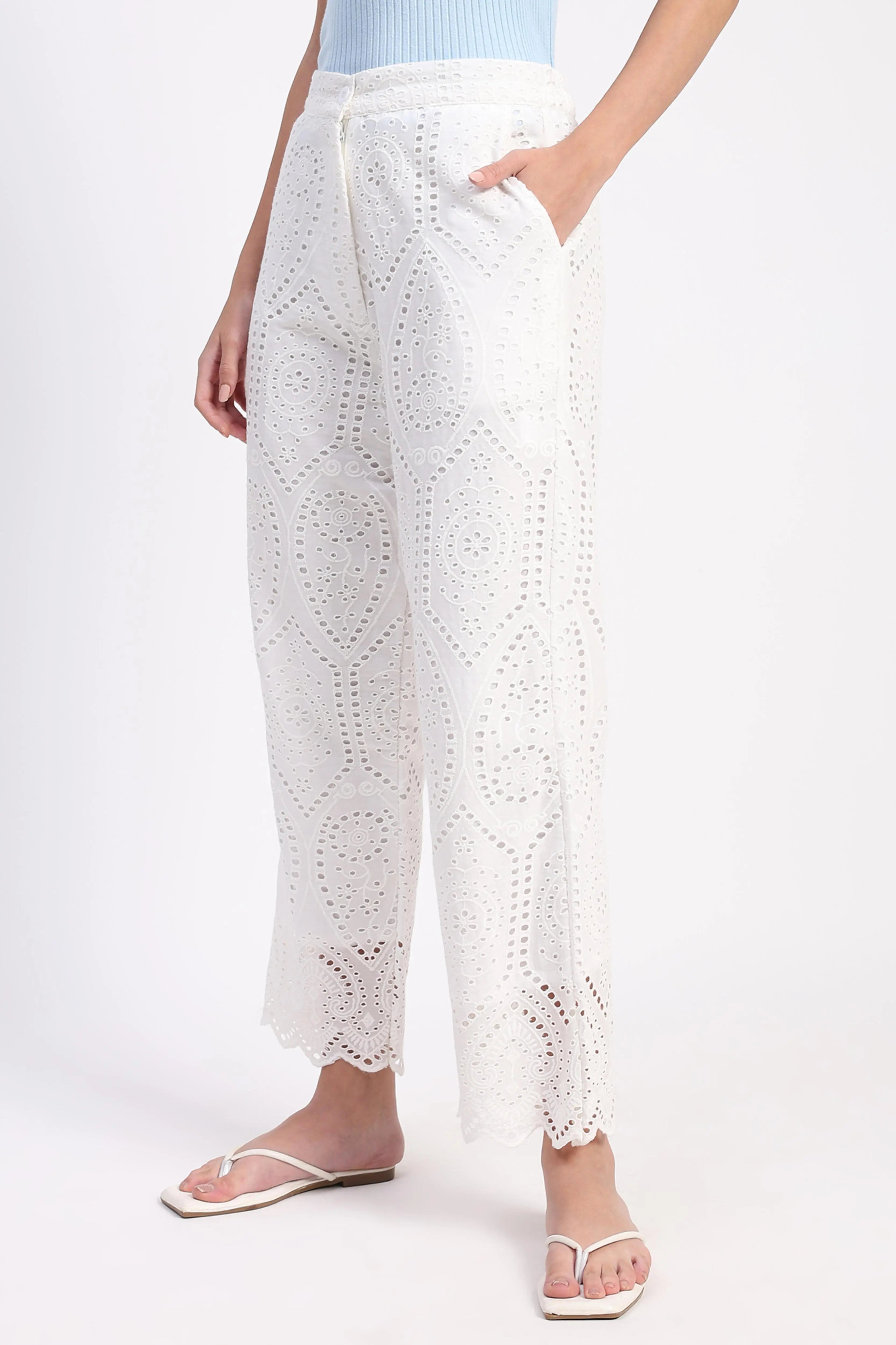 Cream Embroidered Schiffli Trouser - Global Republic