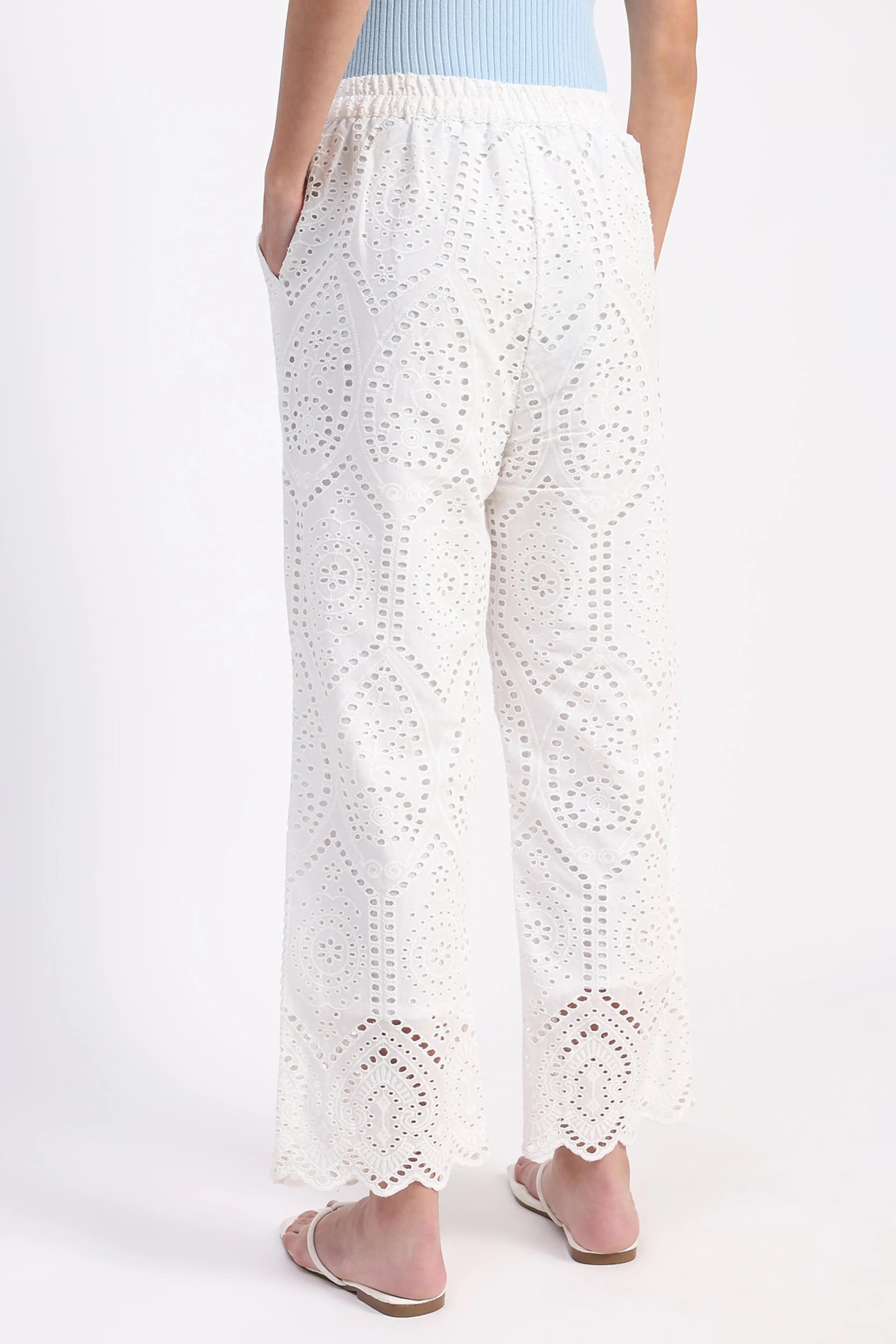 Cream Embroidered Schiffli Trouser - Global Republic