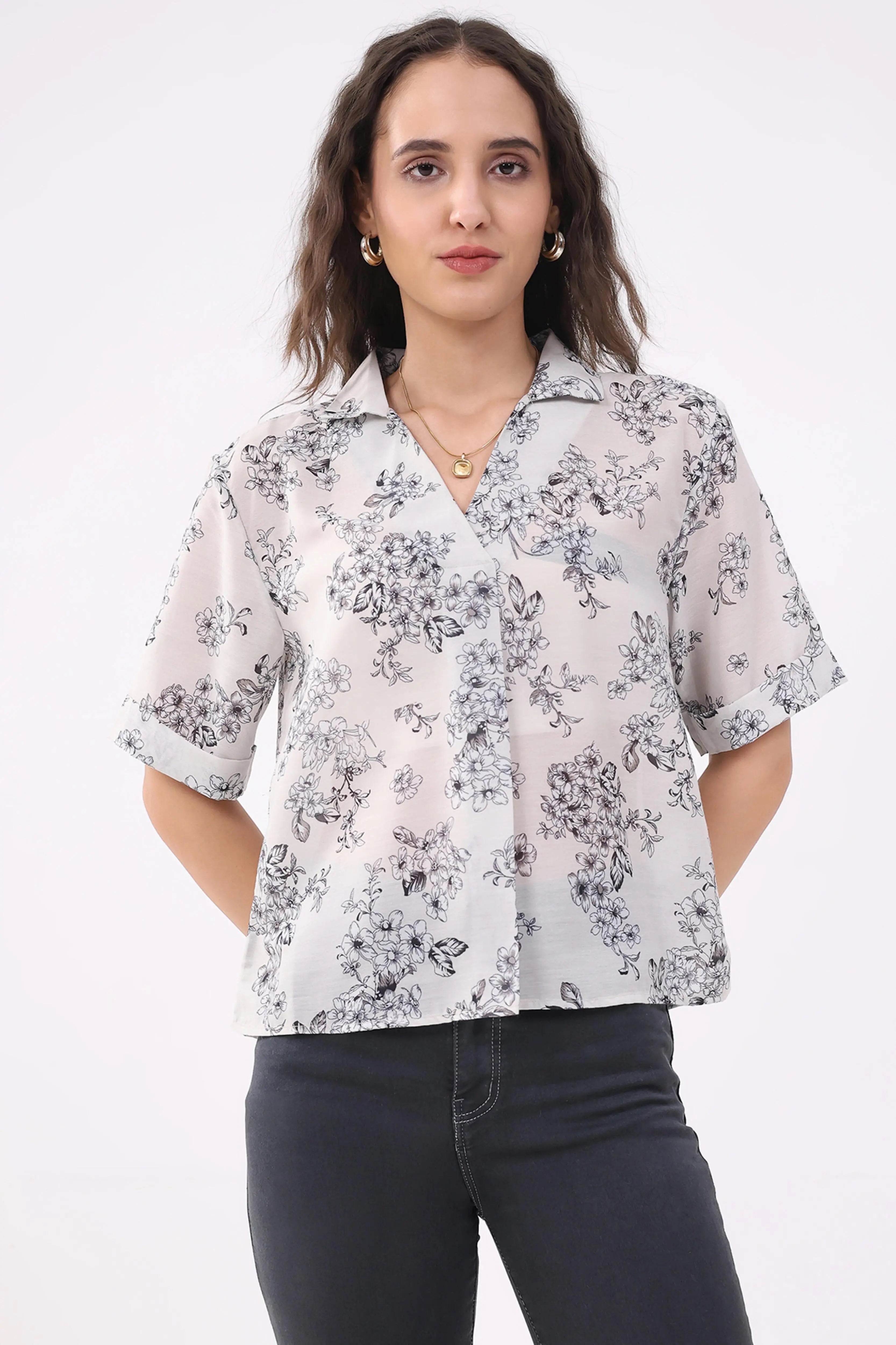 Cream Floral Print Blouson Top - Global Republic