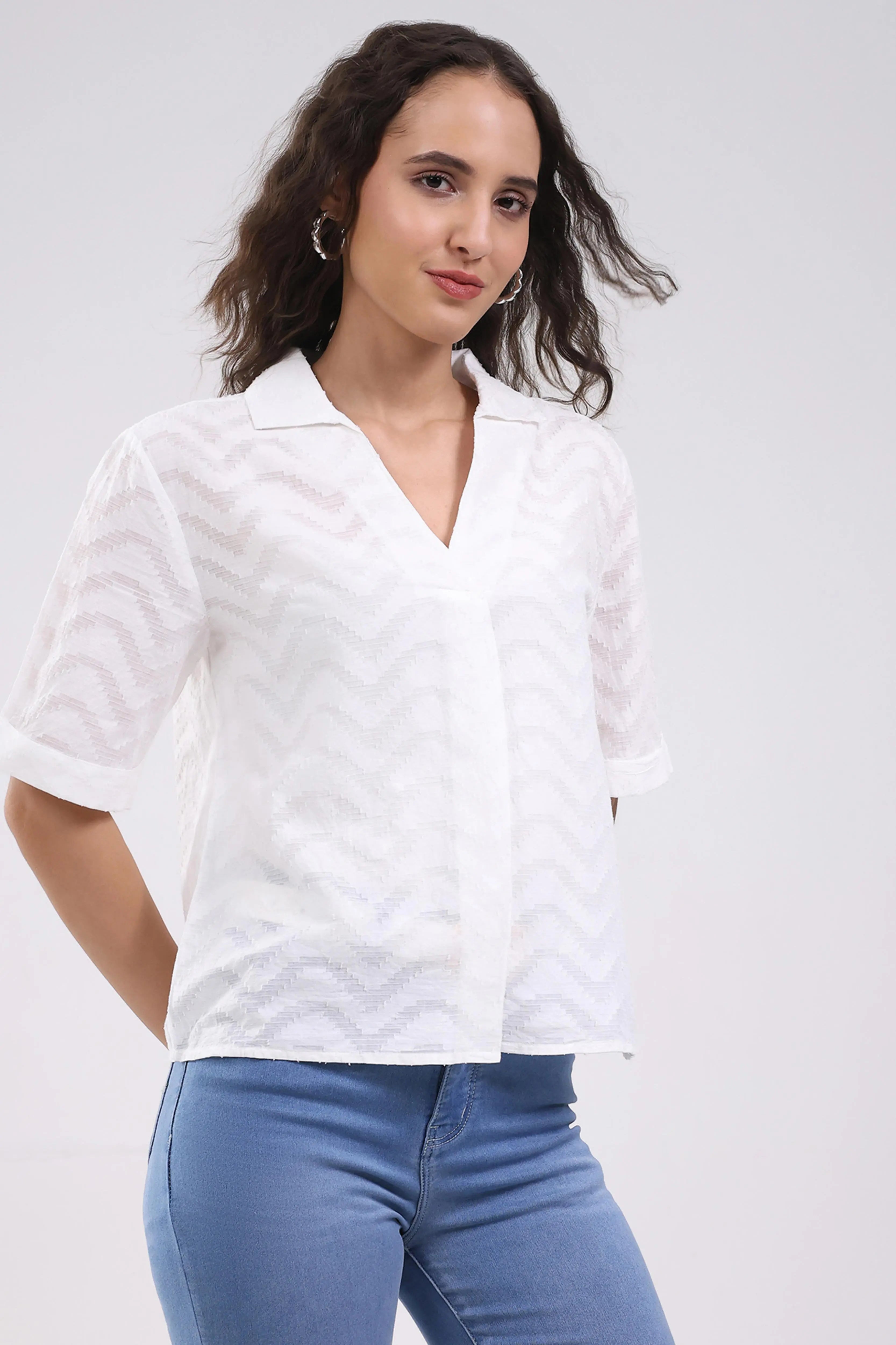 White Blouson Dobby Cotton Top - Global Republic